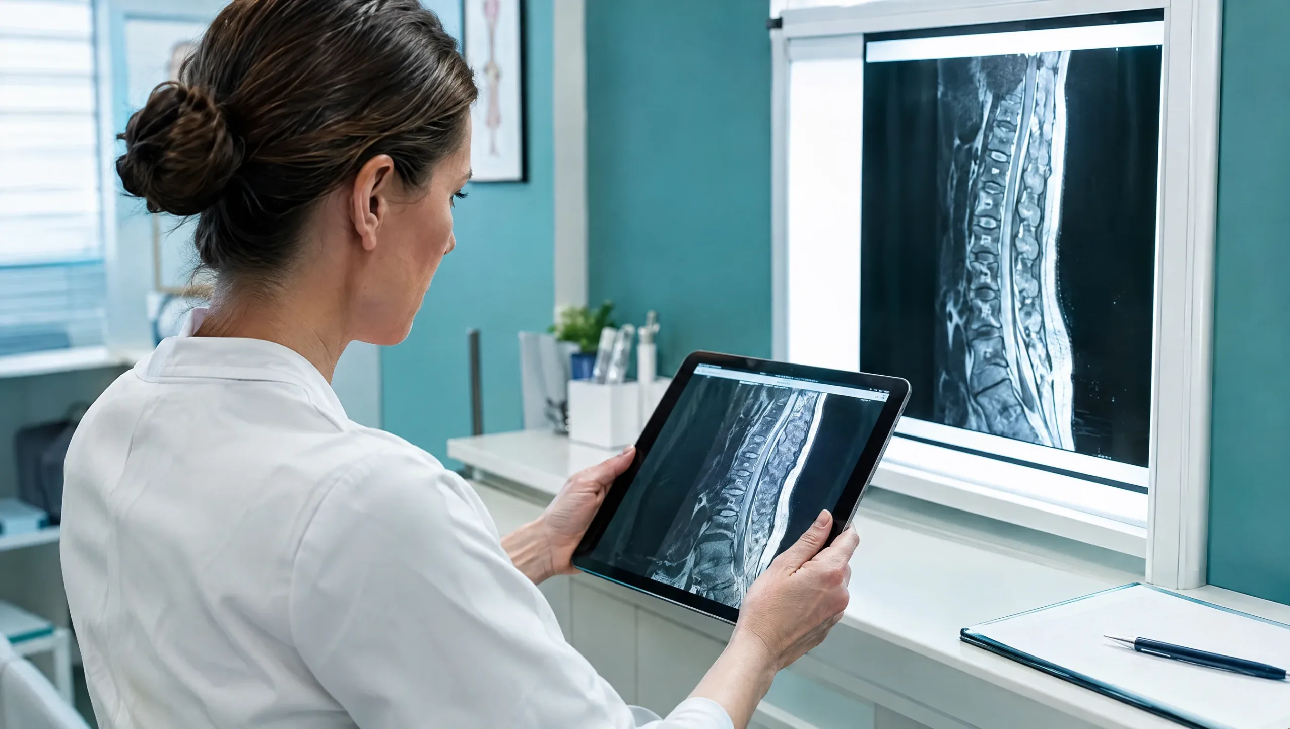 Physiotherapist comparing herniated disc vs sciatica findings on spinal imaging