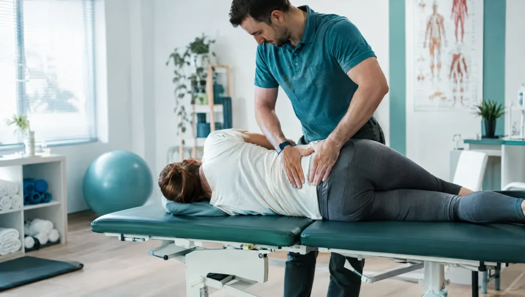 Physiotherapist assessing a patient for herniated disc vs sciatica symptoms in a Rawalpindi clinic
