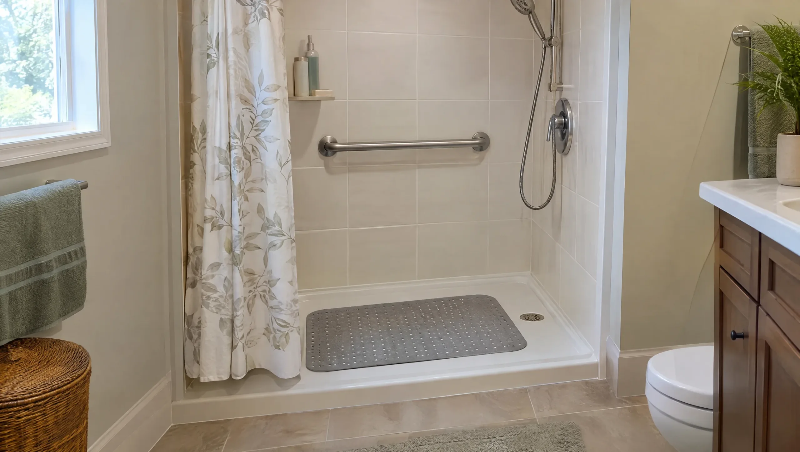 Home bathroom with a grab bar and non-slip mat for fall safety