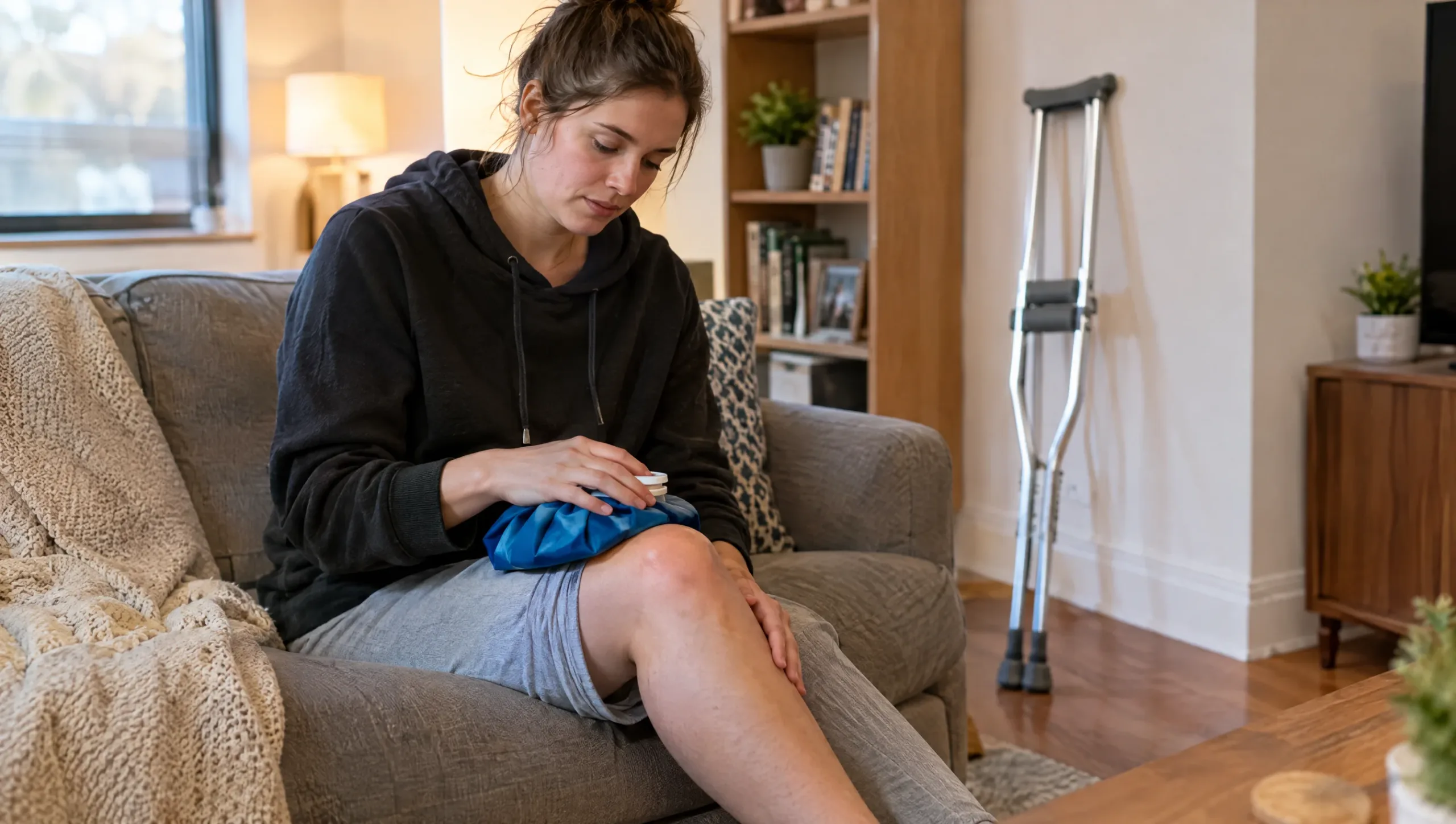 Patient icing knee at home during ACL rehab with crutches nearby