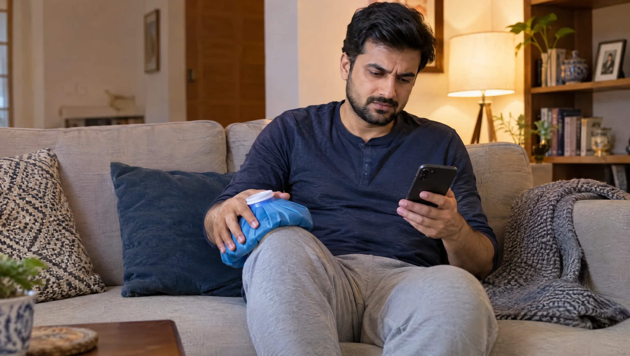 Person icing knee pain at home while deciding if runner's knee needs physiotherapy
