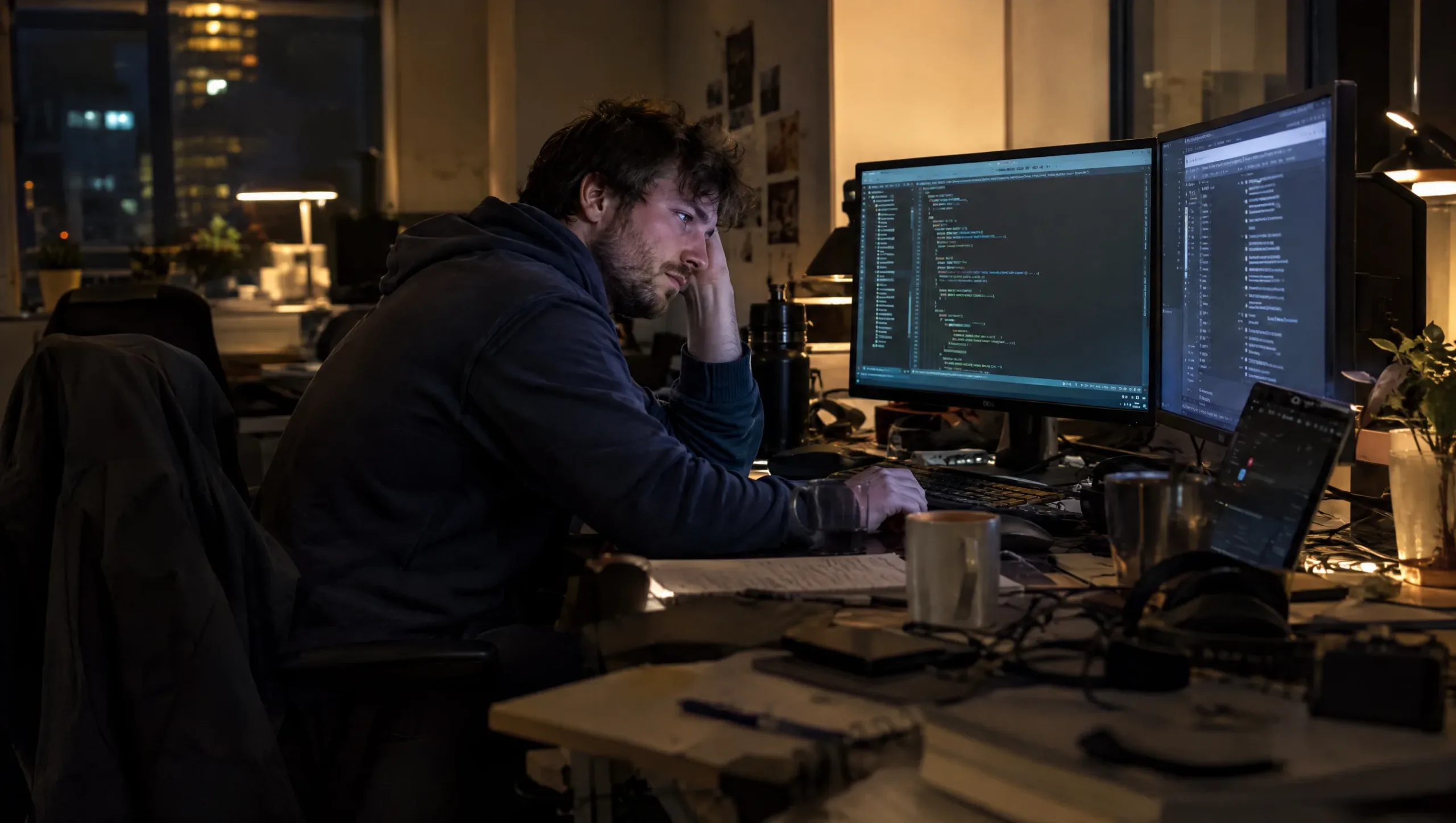 IT professional working late with poor desk posture risking back pain