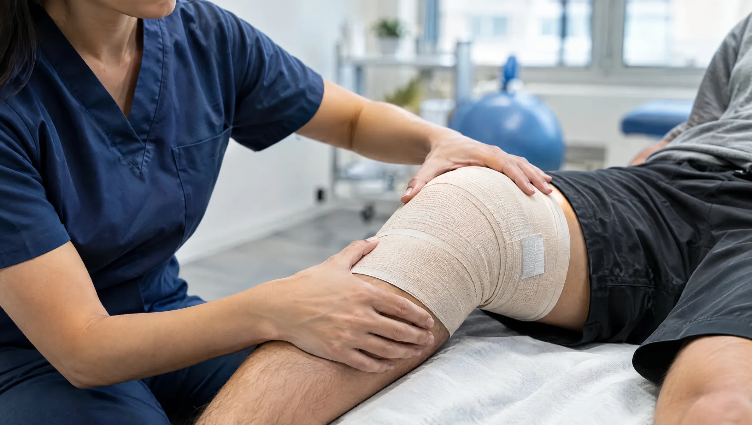 Physiotherapist examining a patient's knee after ACL surgery