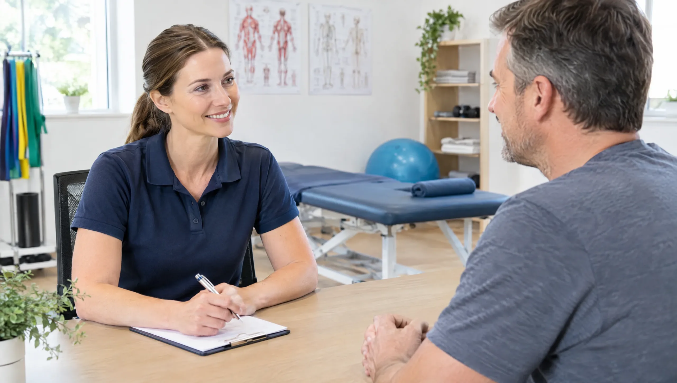 Physiotherapist answering a patient questions about meniscus tear recovery
