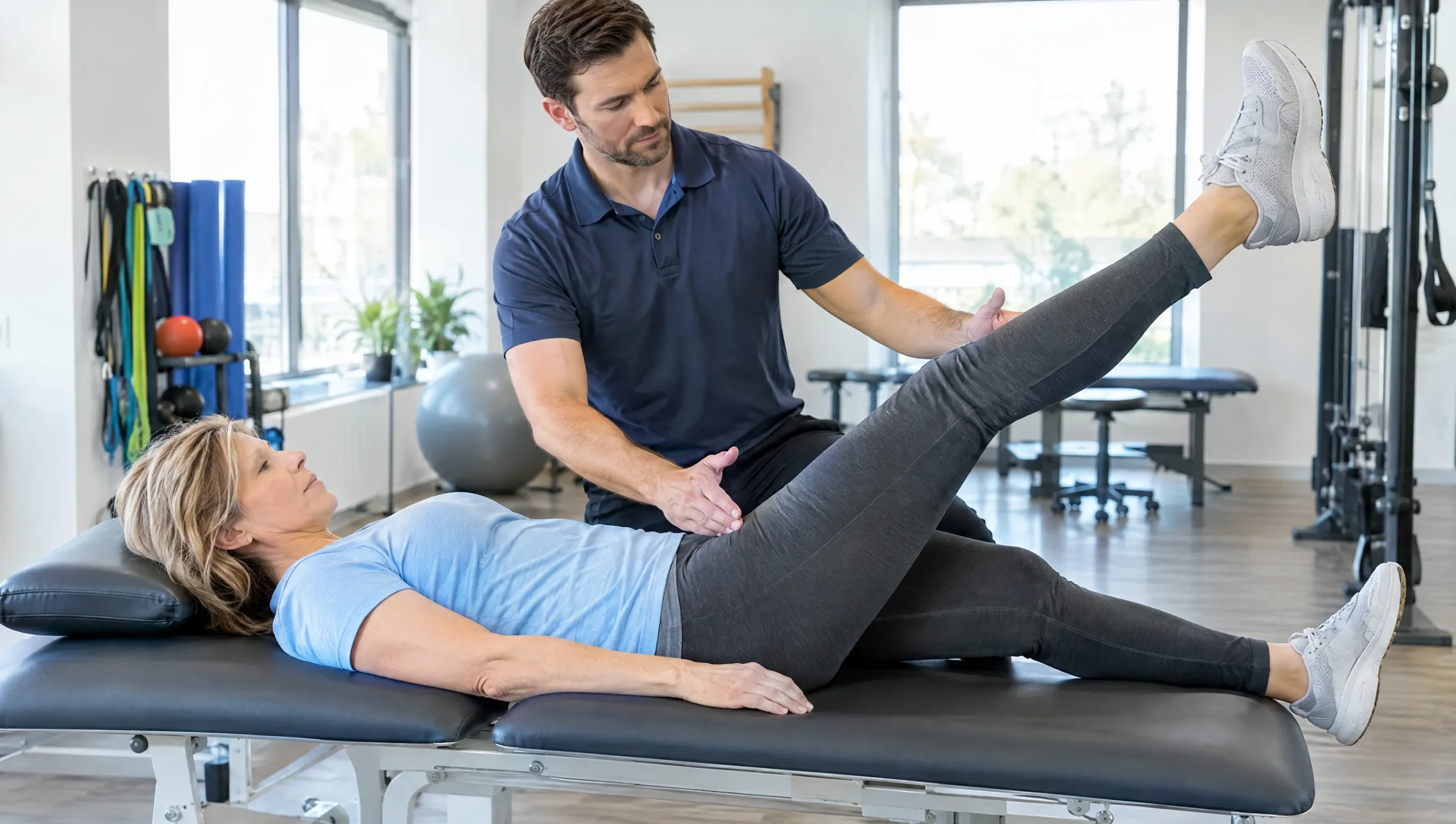 Physiotherapist demonstrating meniscus tear physiotherapy without surgery during a knee strengthening exercise