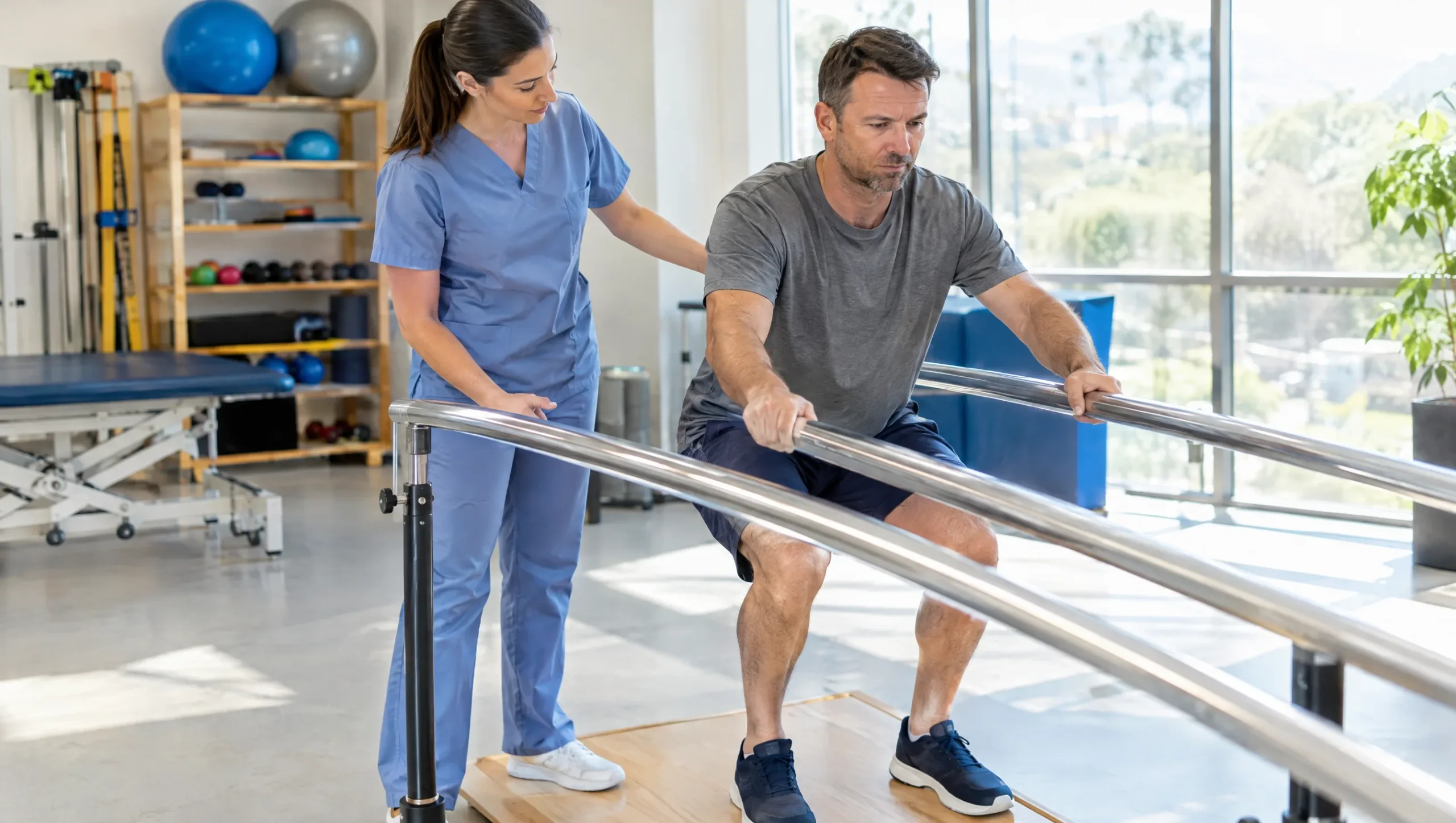 Physiotherapist supervising a mini-squat exercise during meniscus tear recovery