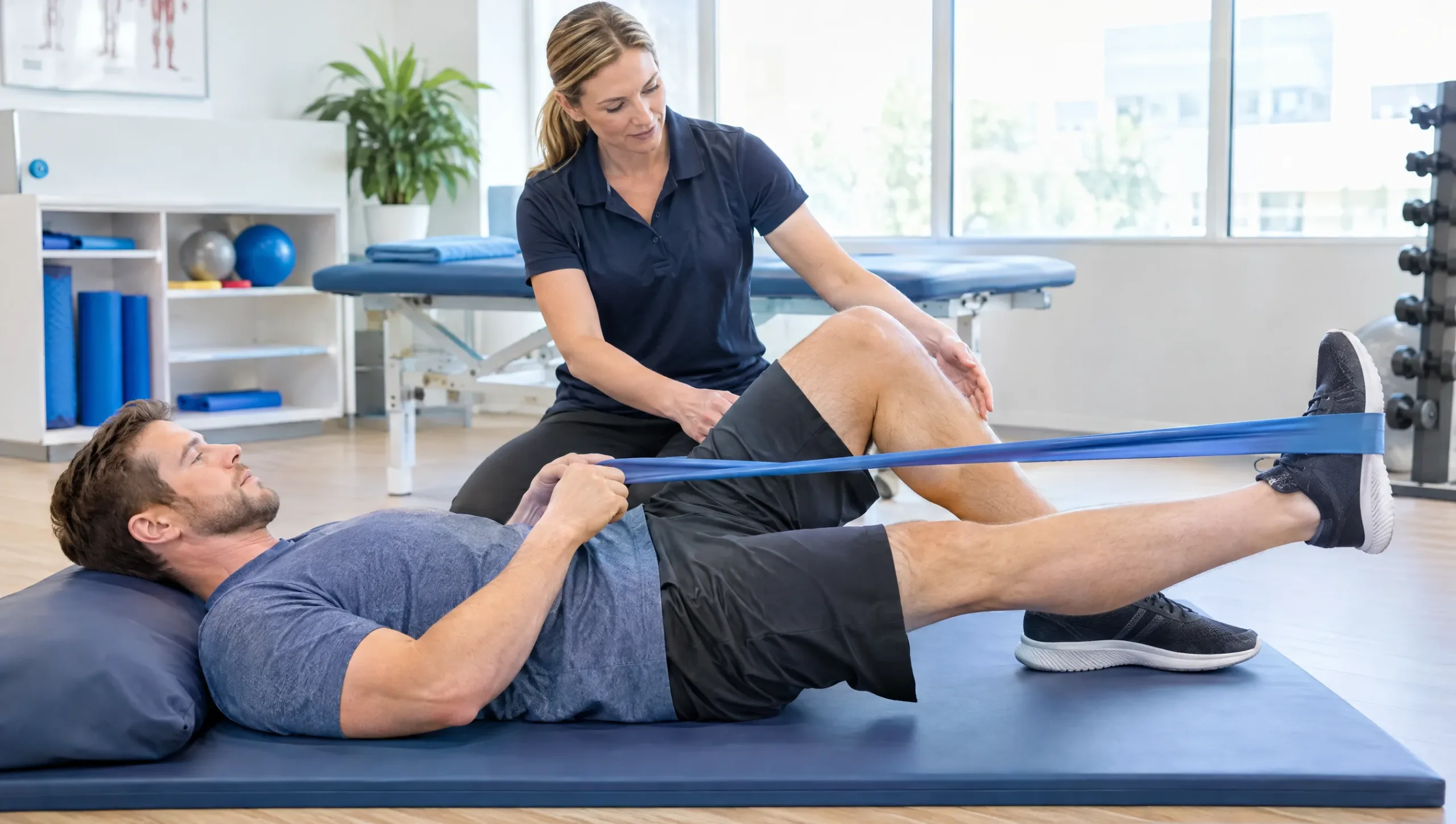 Physiotherapist guiding a resistance band knee exercise for meniscus tear rehabilitation