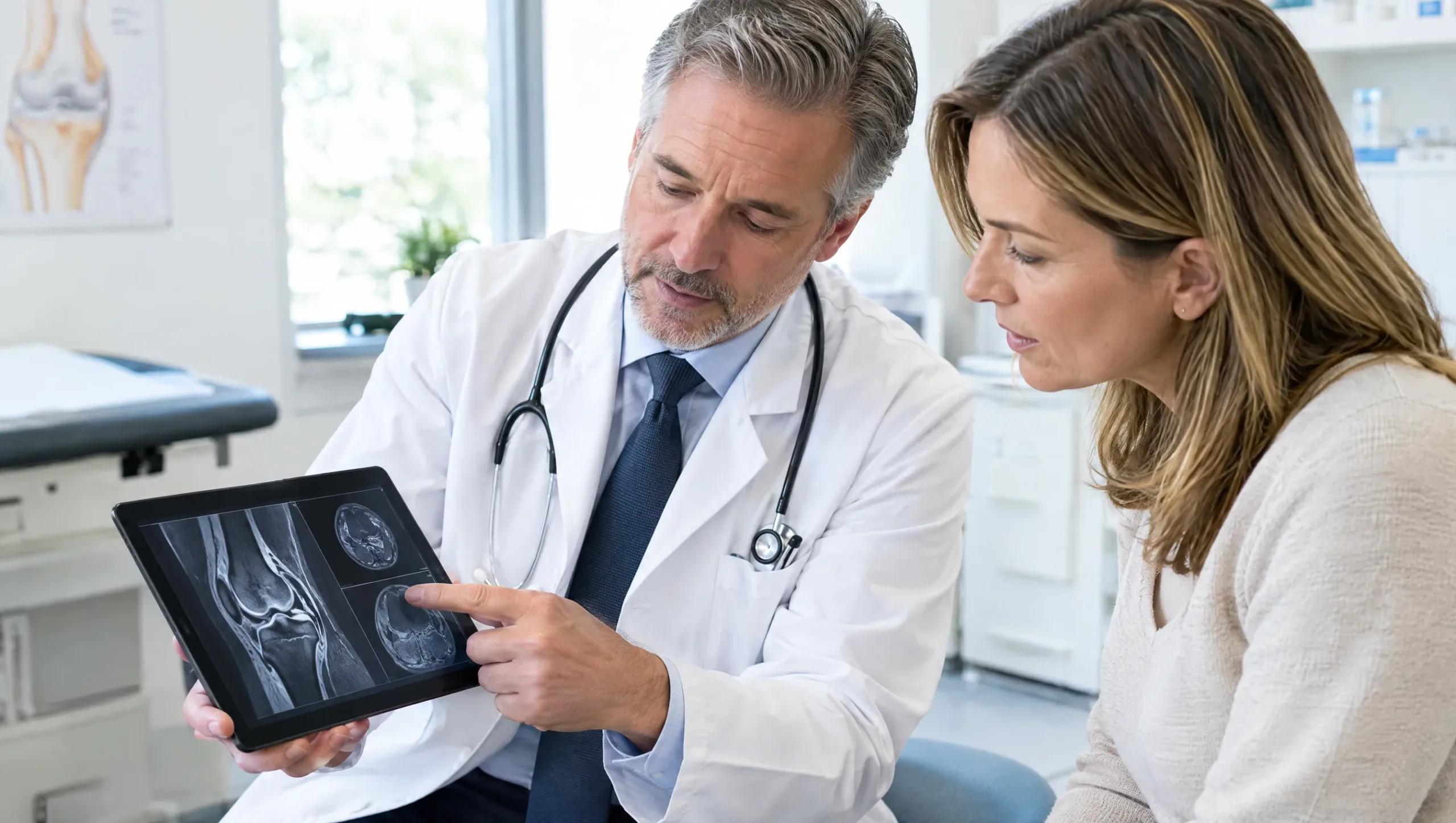 Doctor reviewing a knee MRI scan with a patient to discuss meniscus tear surgery options