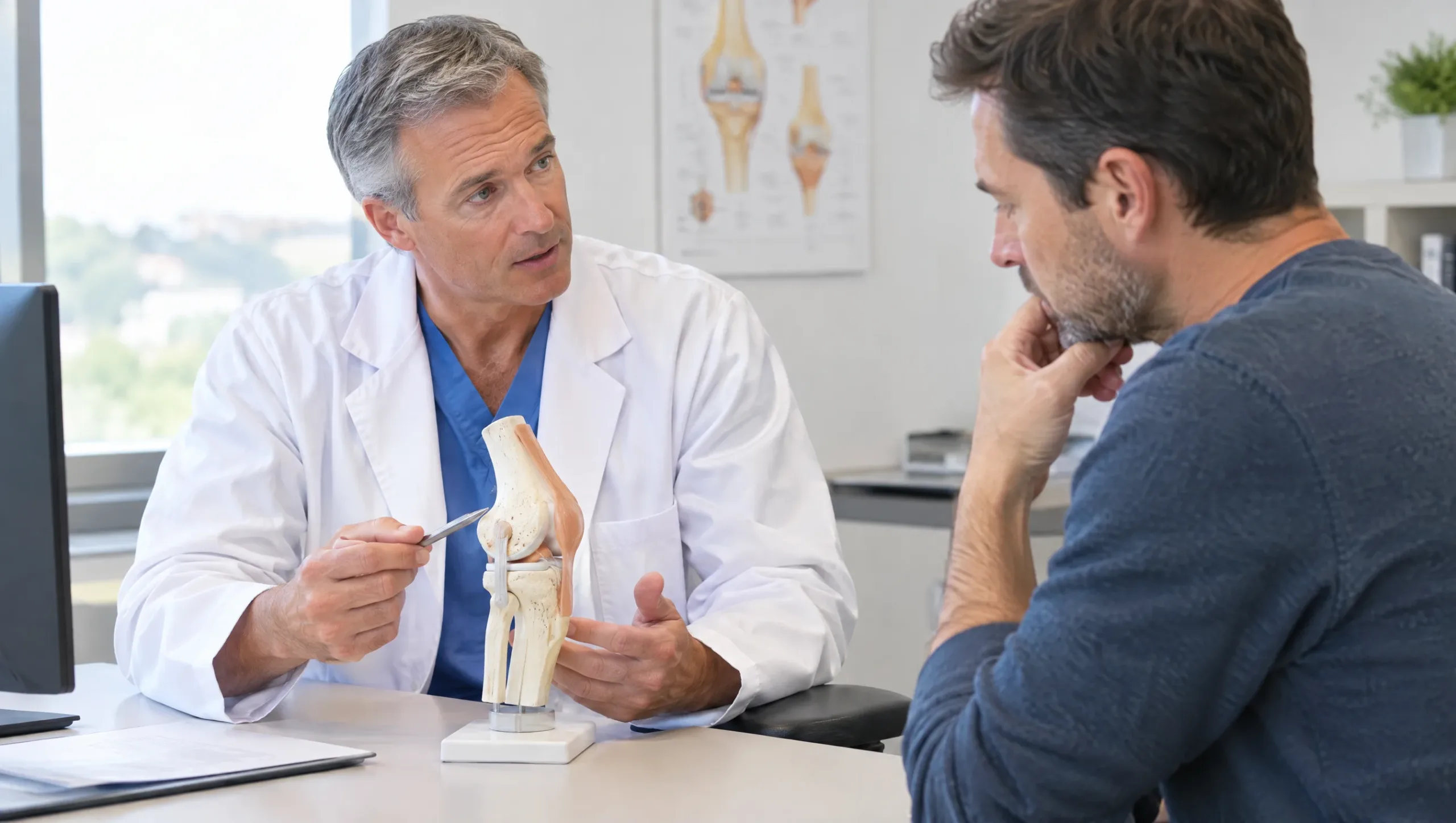 Orthopedic surgeon discussing meniscus tear surgery options with a patient