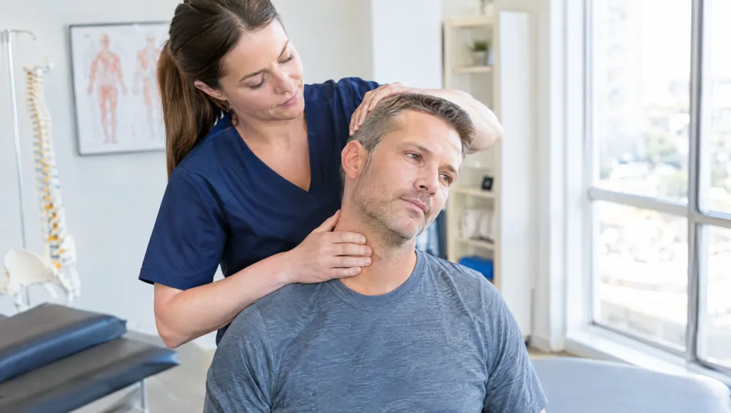 Physiotherapist assessing a patient's neck before using a neck disability index calculator