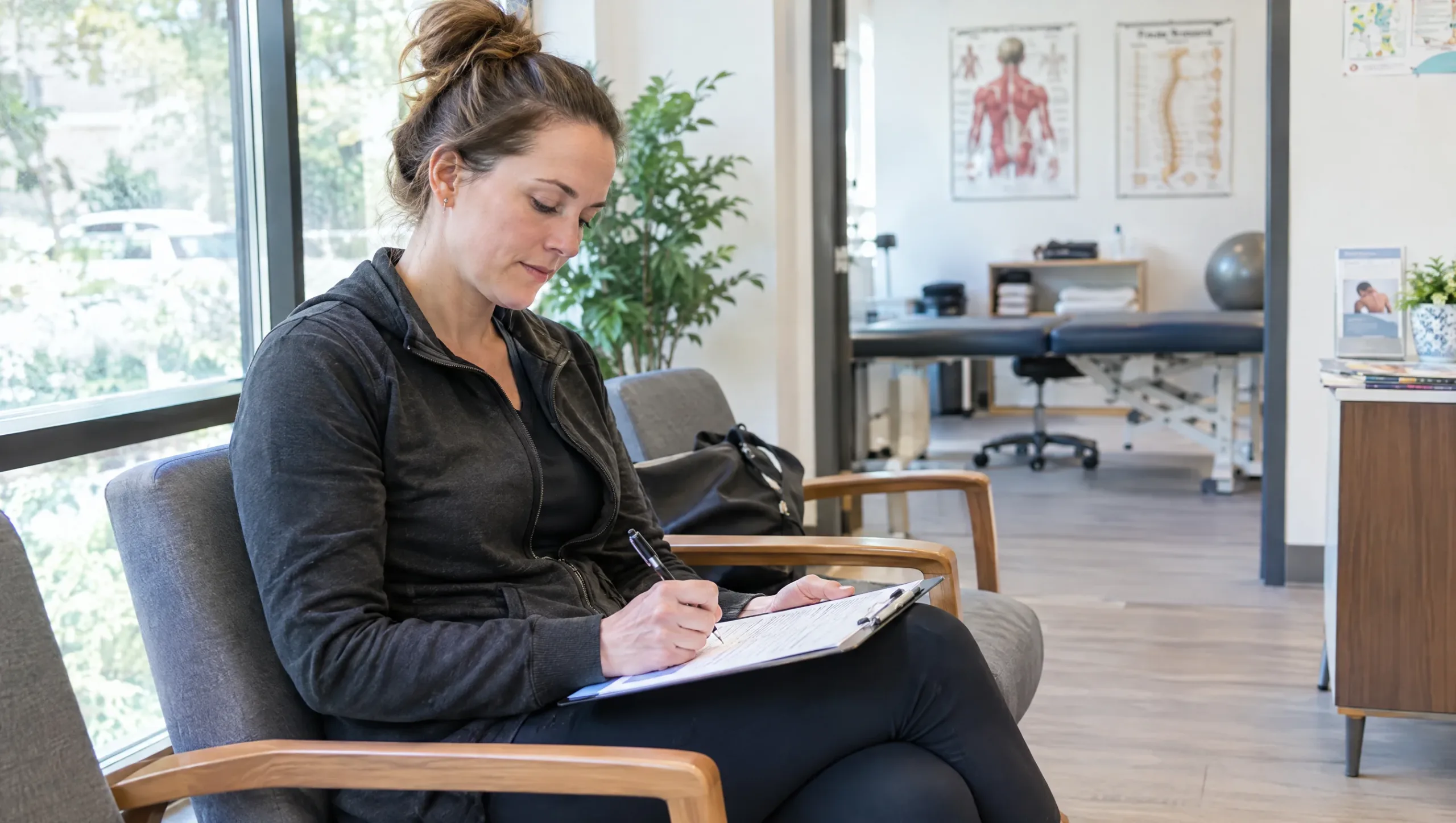 Patient completing a neck pain disability questionnaire in a physiotherapy clinic