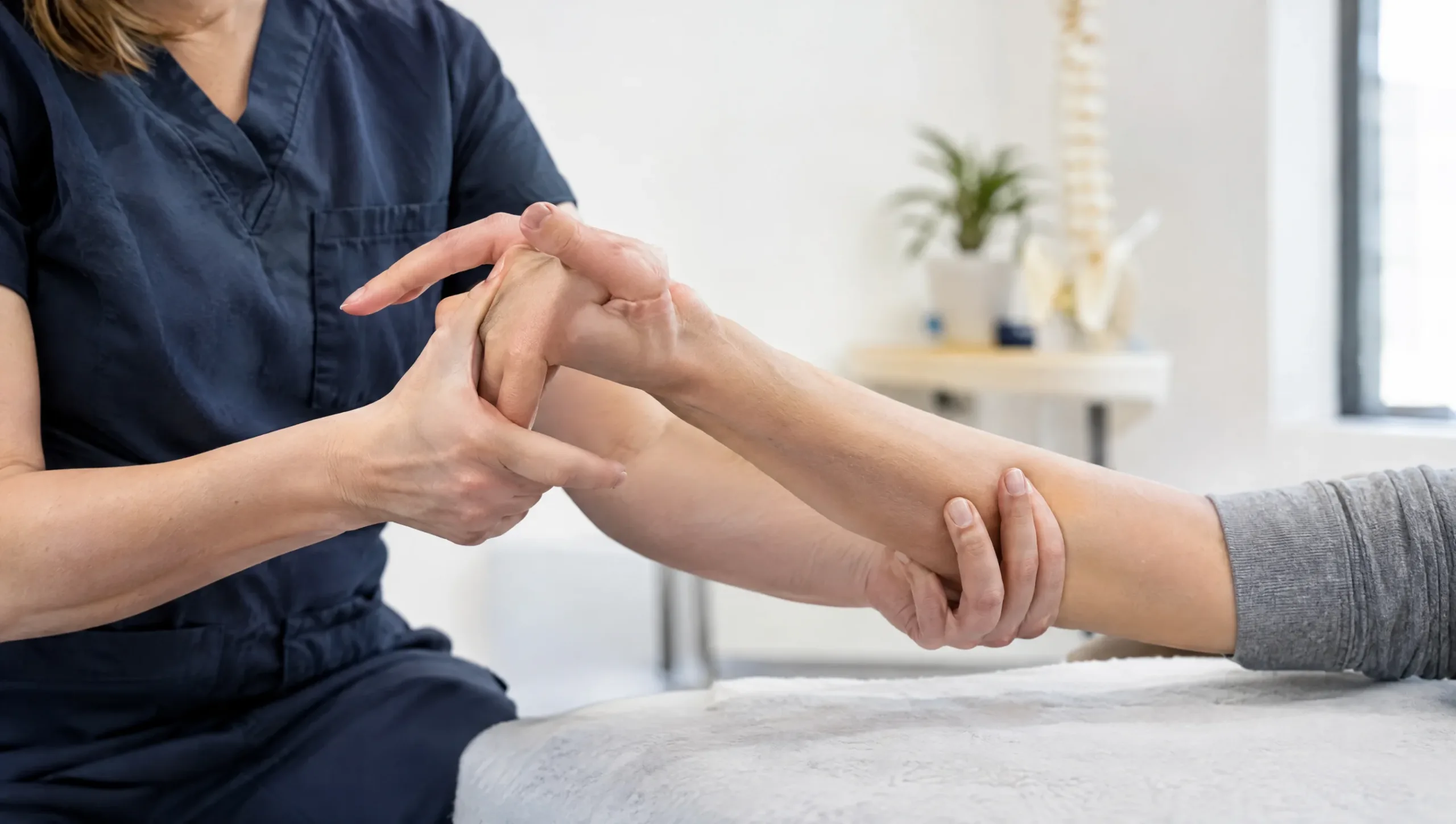 Physiotherapist demonstrating a nerve gliding technique used in diabetic neuropathy physiotherapy