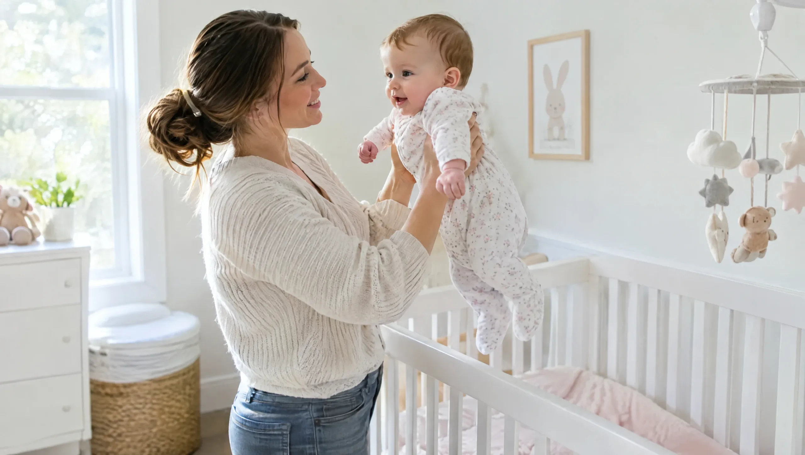 New mother lifting her baby from a crib, a common cause of new mom wrist pain