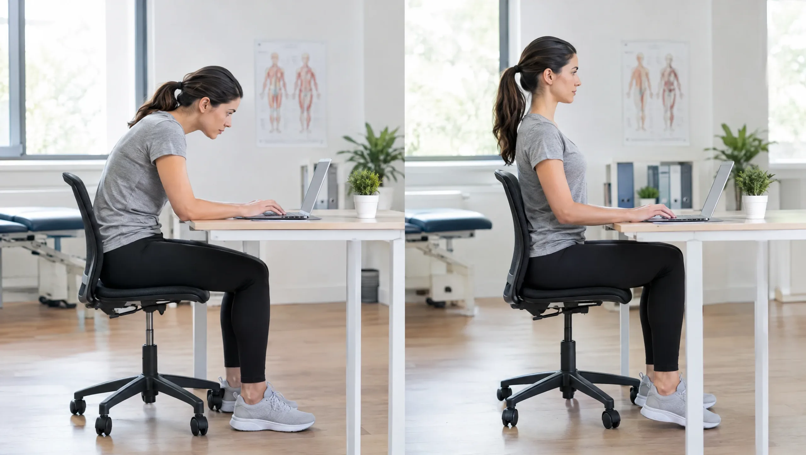 Office ergonomics for back pain — comparing slouched and upright sitting posture