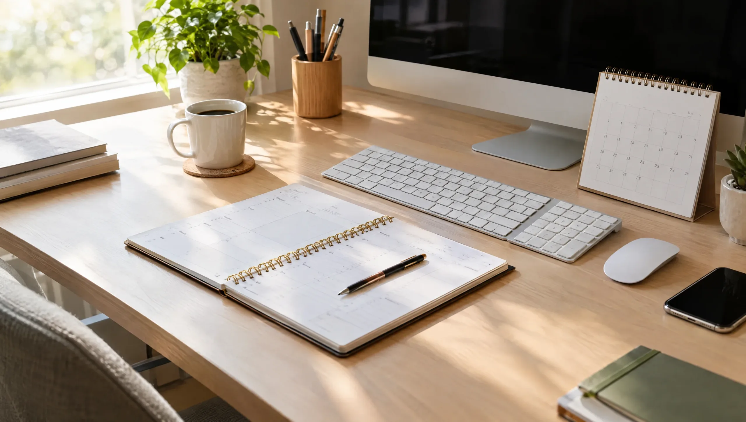 Organized desk with planner symbolizing a sustainable ergonomic routine