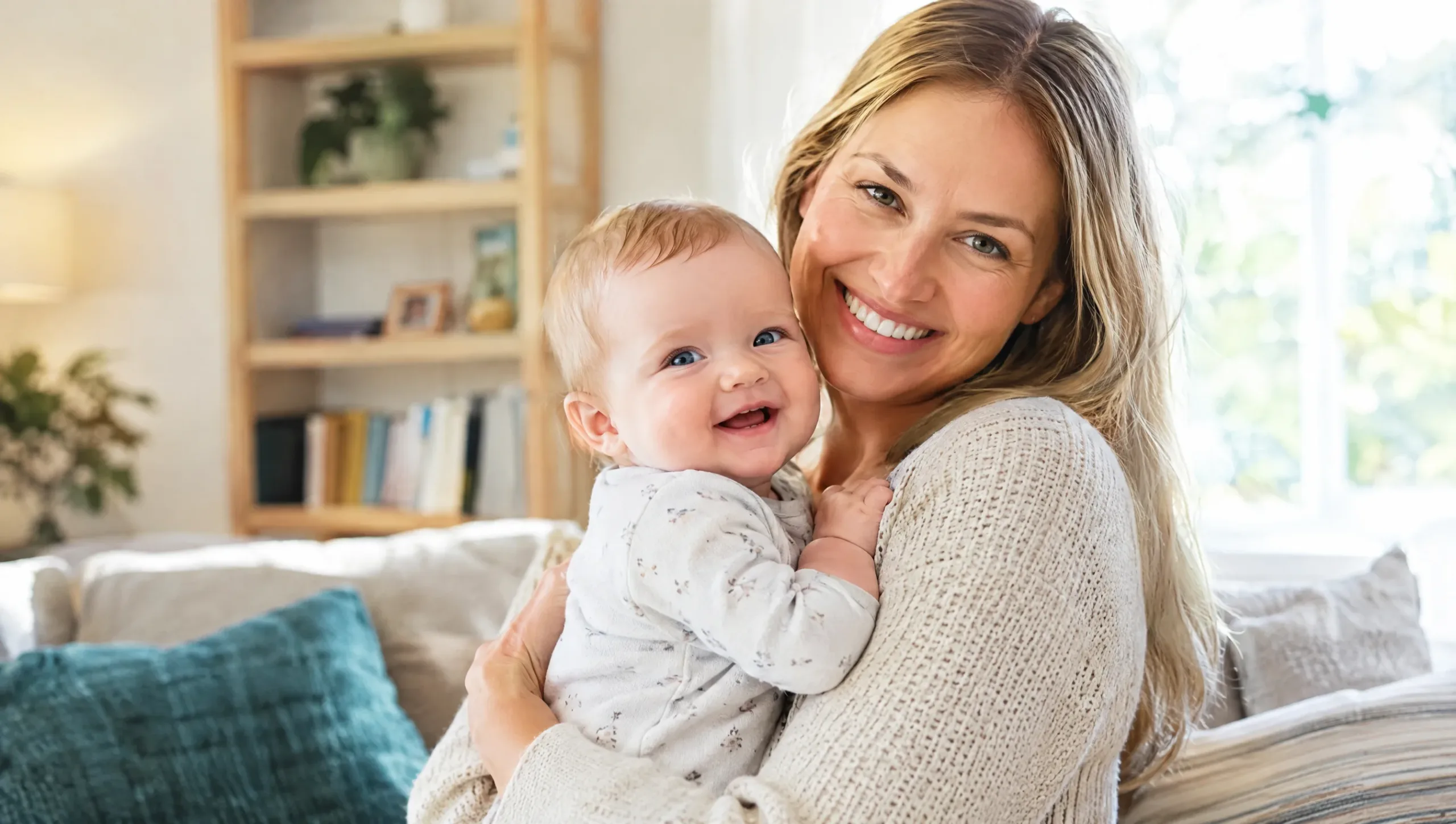 Happy mother comfortably holding her baby after wrist pain recovery