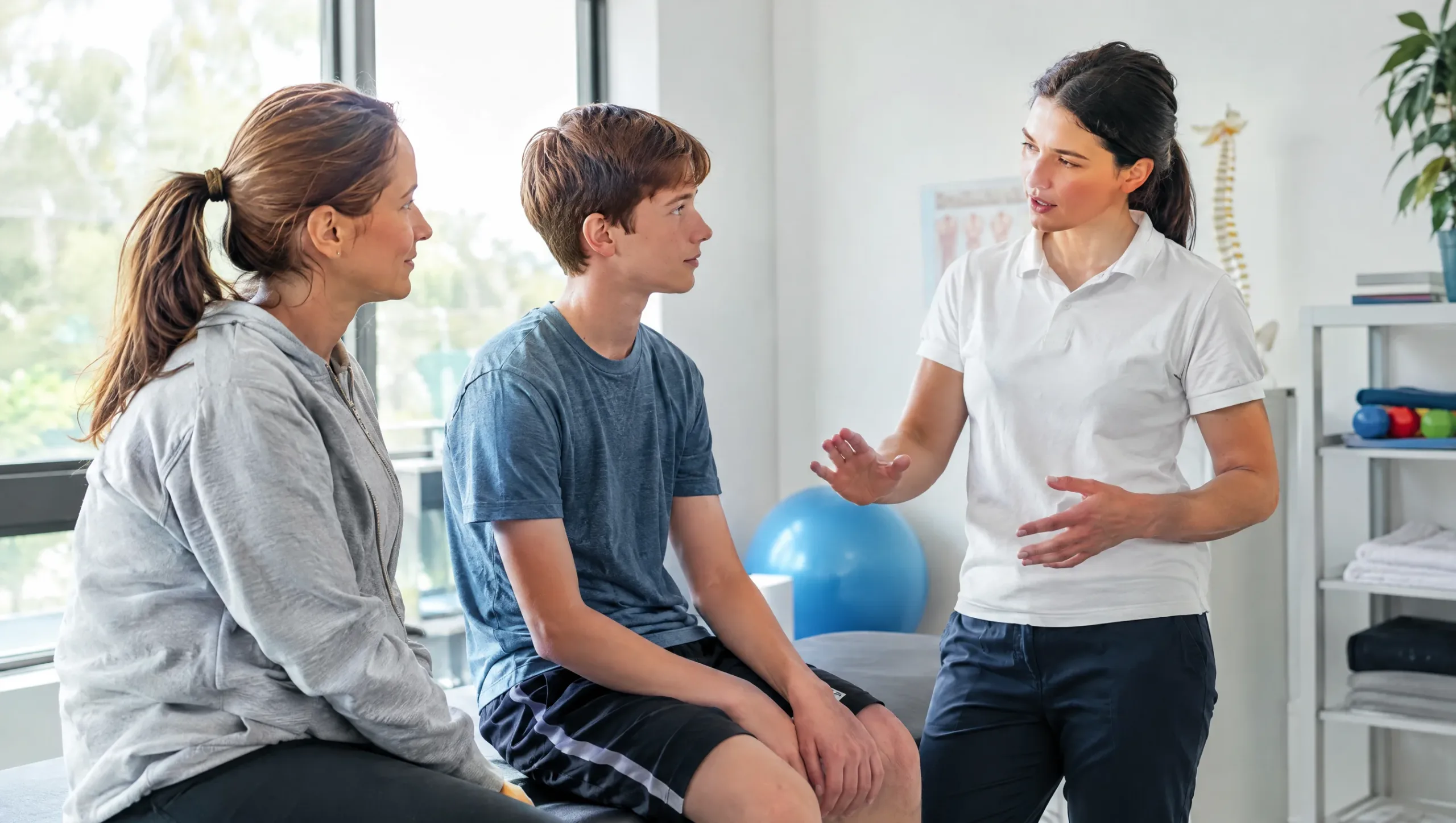 Parent and teenager discussing posture signs with a physiotherapist