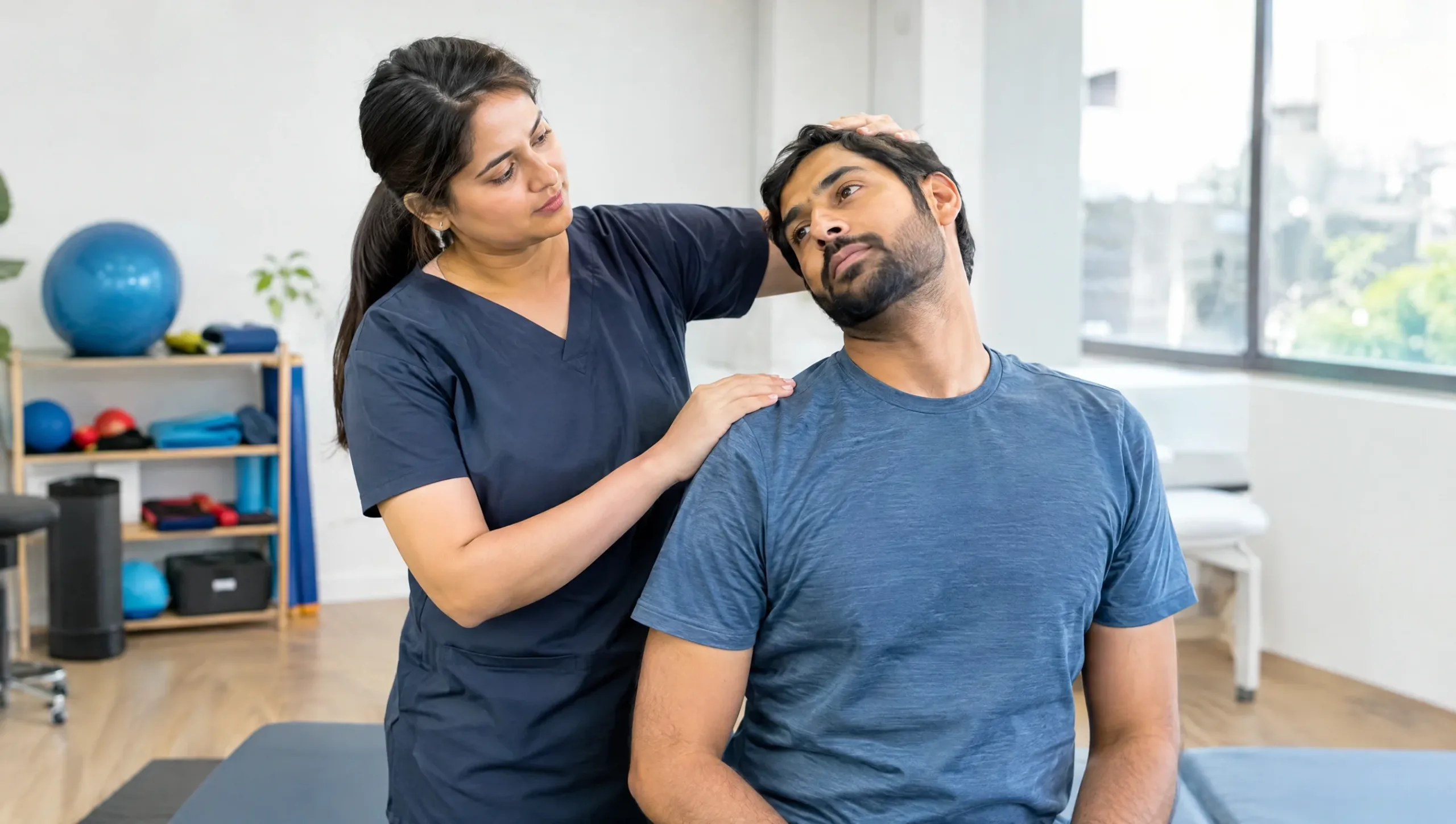 Physiotherapist assessing cervical range of motion for whiplash diagnosis
