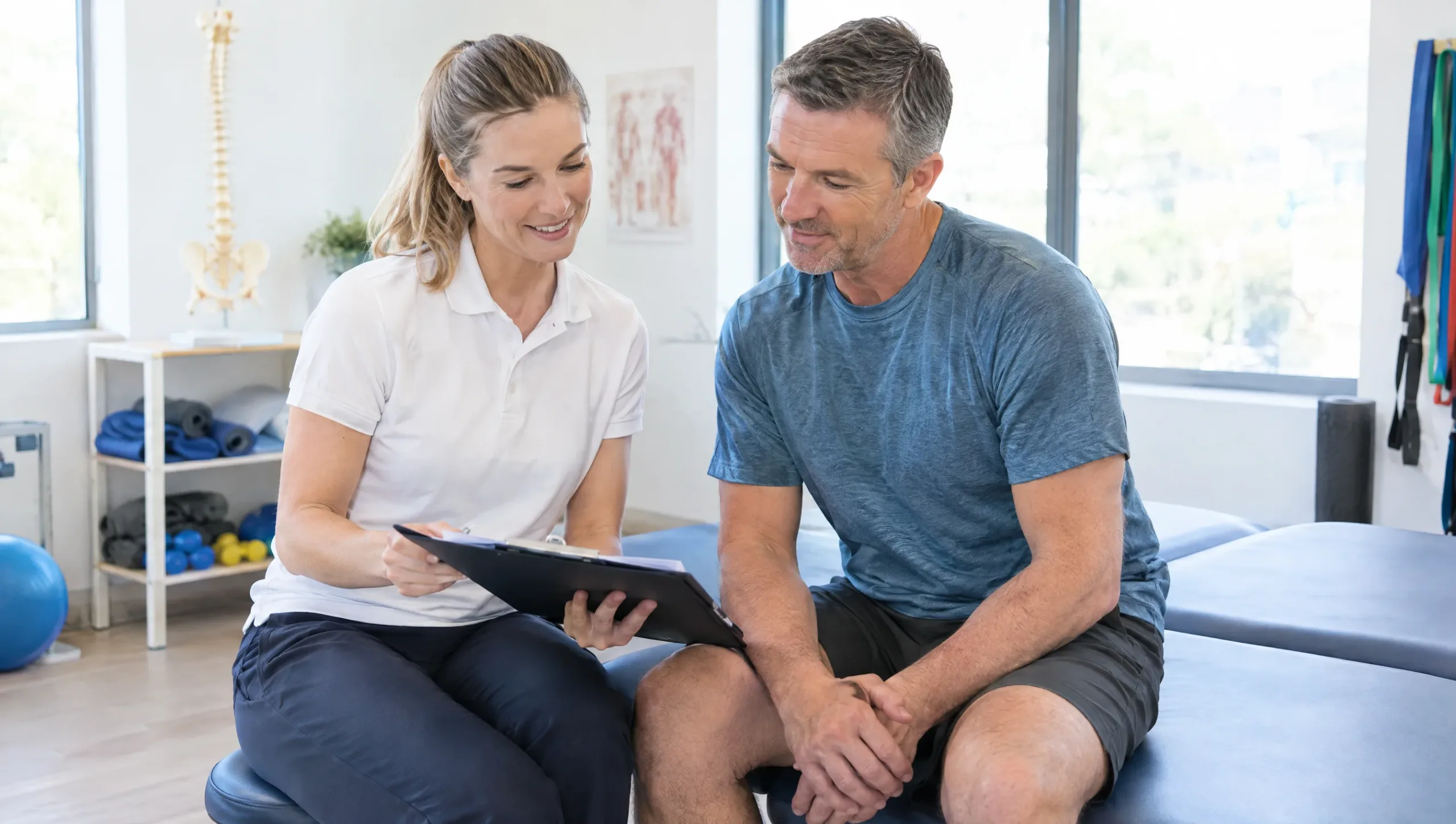 Physiotherapist consulting with a patient about neck pain treatment progress
