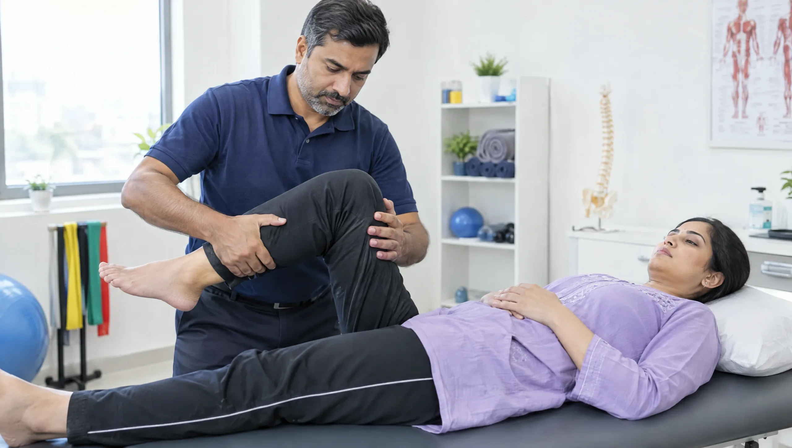 Physiotherapist examining a patient's knee joint to diagnose runner's knee