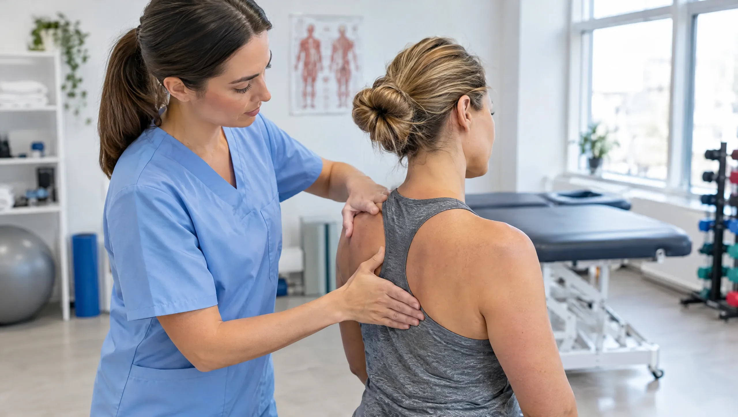 Physiotherapist examining a patient's shoulder and back for chronic pain signs