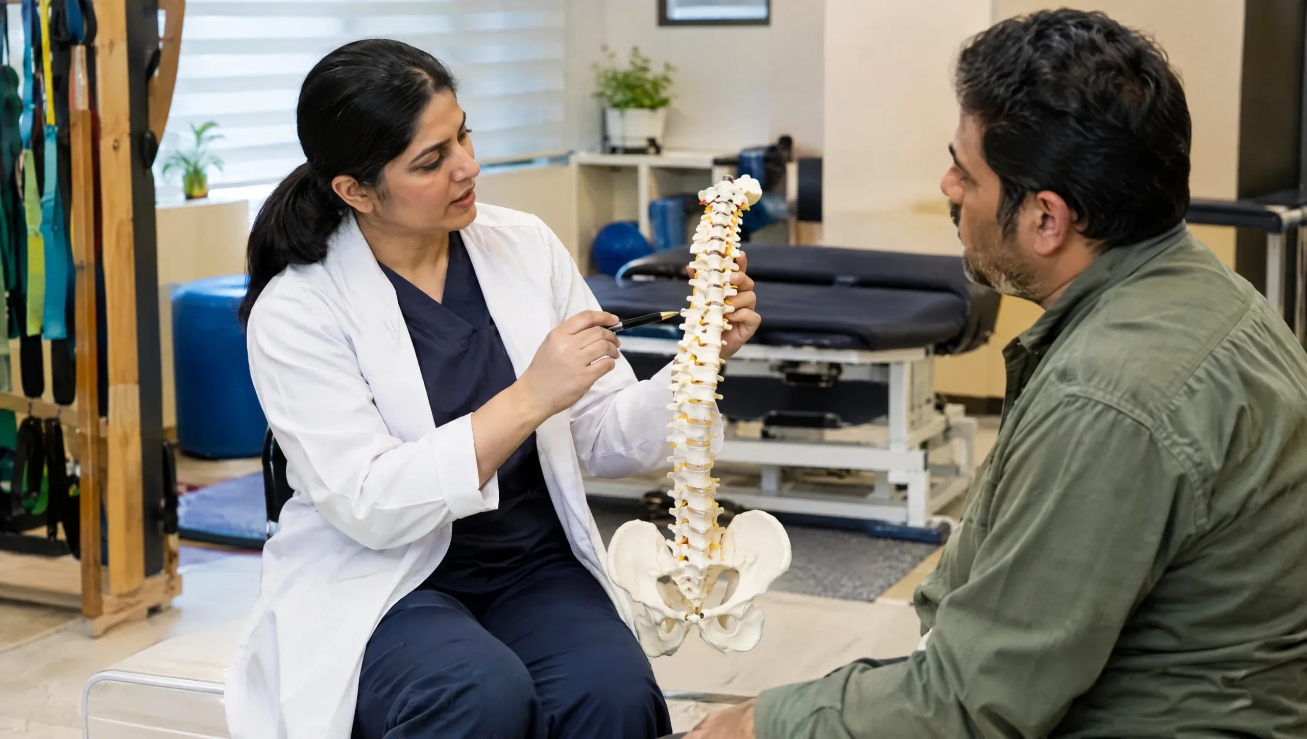 Physiotherapist explaining whiplash injury treatment plan to a patient