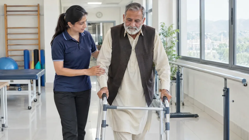 Physiotherapist helping elderly patient walk during physiotherapy after hip replacement surgery in Rawalpindi