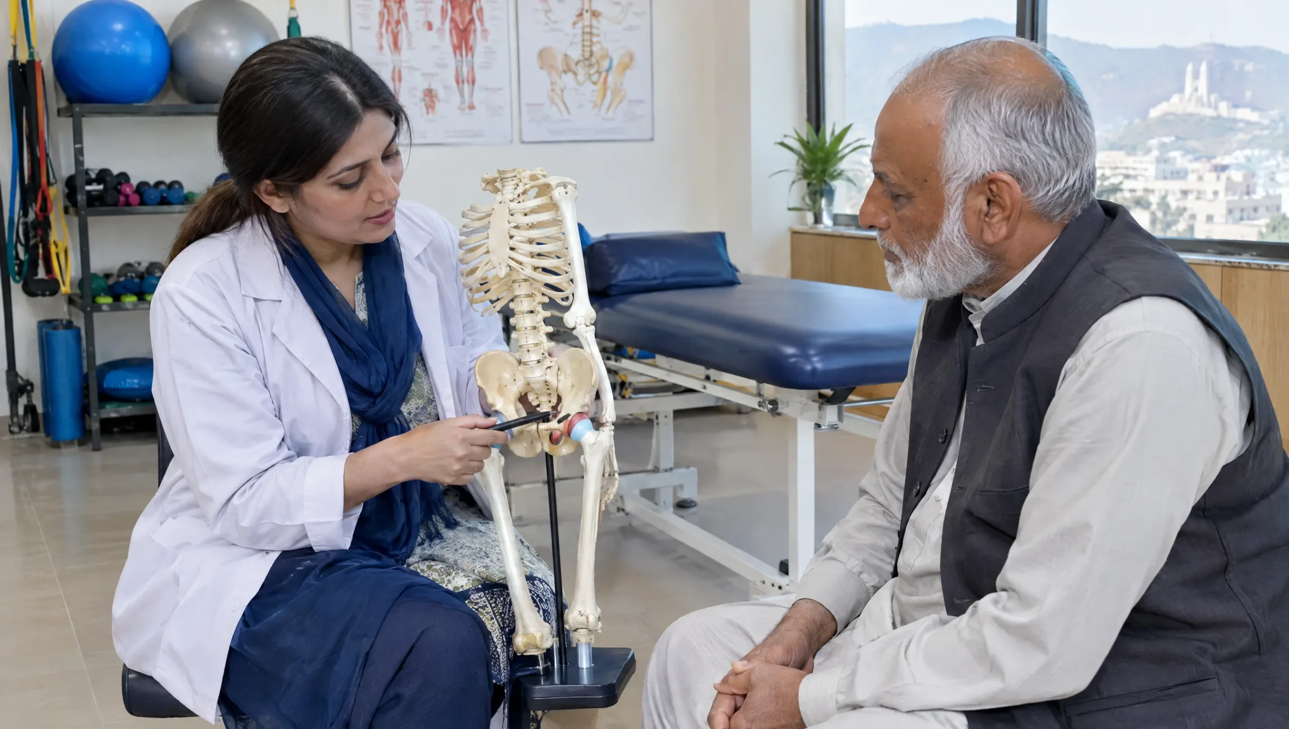 Pakistani physiotherapist explaining hip anatomy to an elderly patient during a physiotherapy after hip replacement surgery consultation