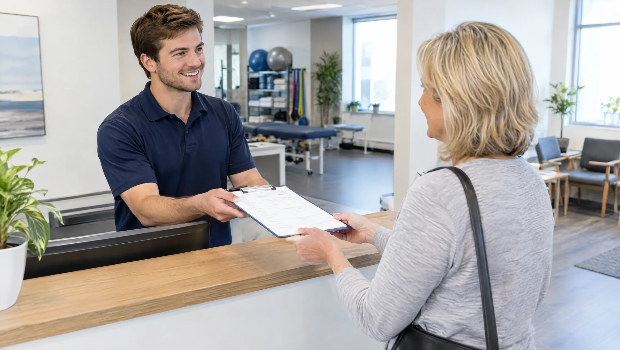 Physiotherapy clinic receptionist handing intake paperwork to patient