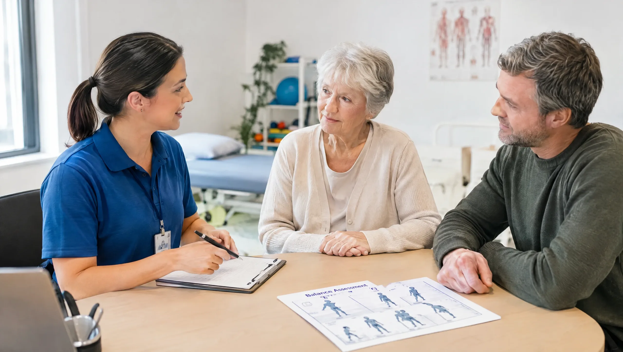 Physiotherapist consulting with elderly patient and family in Rawalpindi clinic
