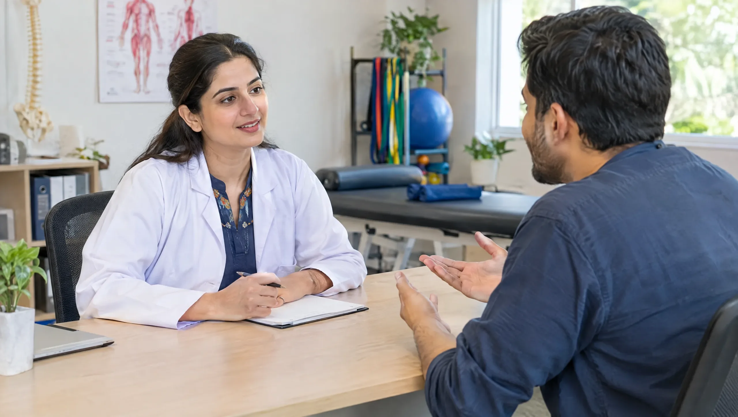 Physiotherapist answering patient questions about runner's knee physiotherapy