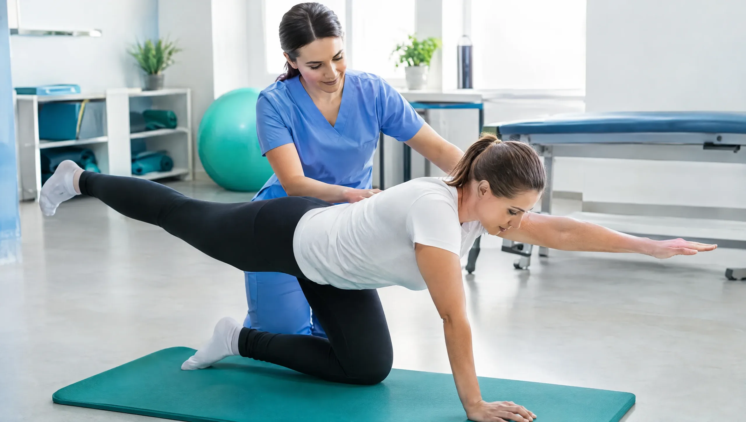 Patient performing core stabilization exercises for lumbar disc rehabilitation