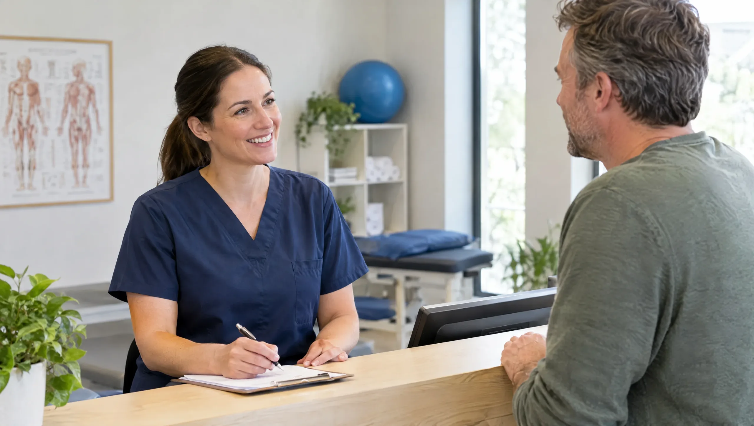 Physiotherapist answering patient questions about neck pain recovery