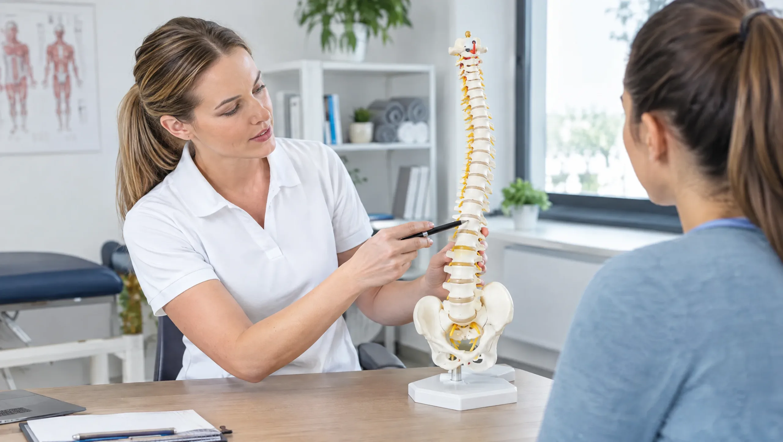 Physiotherapist explaining a spine anatomical model during FAQ discussion