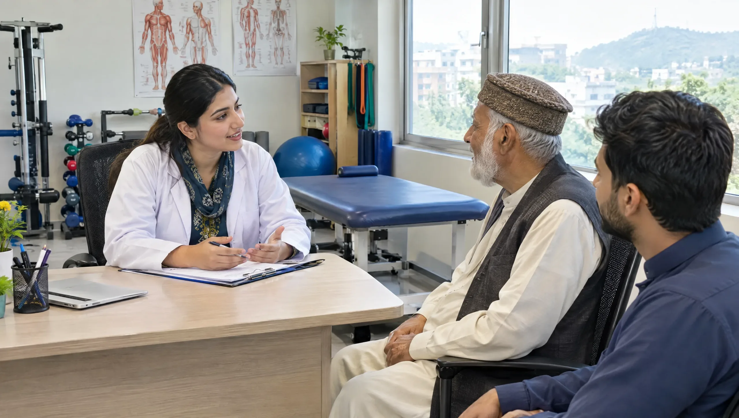 Physiotherapist talking with an elderly patient and a family member answering questions about physiotherapy after hip replacement surgery