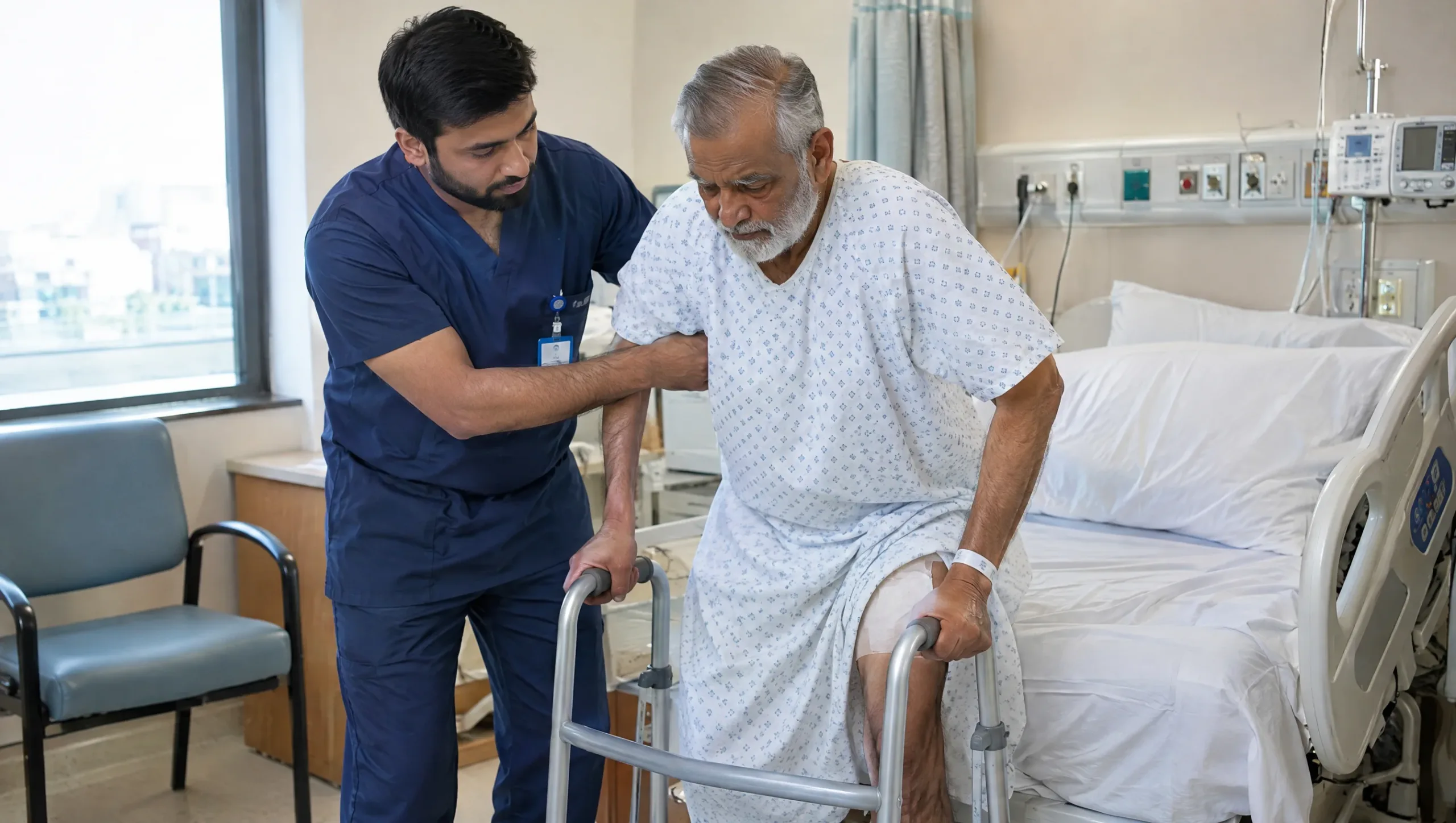 Physiotherapist helping a patient stand beside a hospital bed shortly after hip replacement surgery