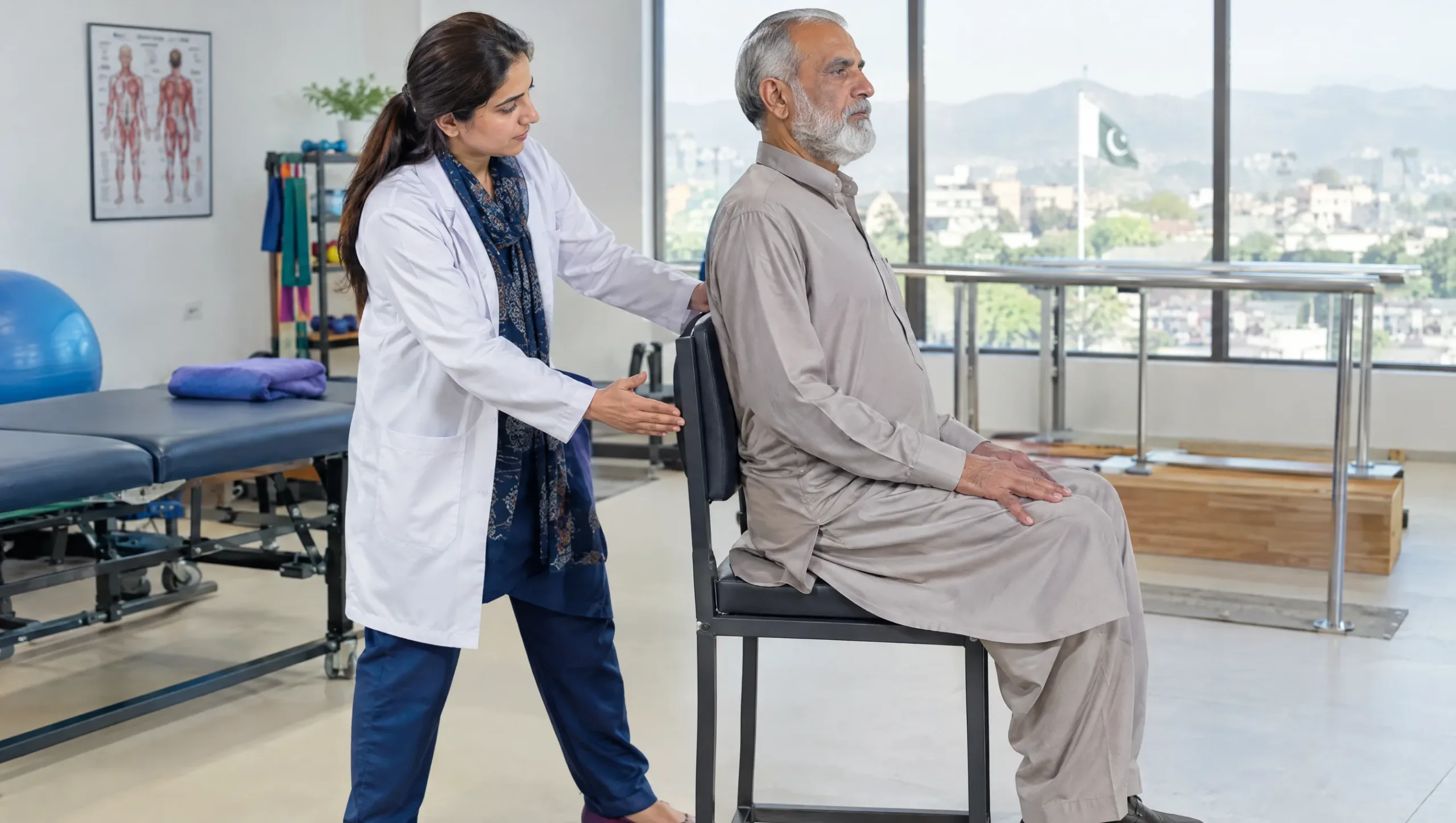 Physiotherapist demonstrating correct sitting posture to a patient recovering from hip replacement surgery