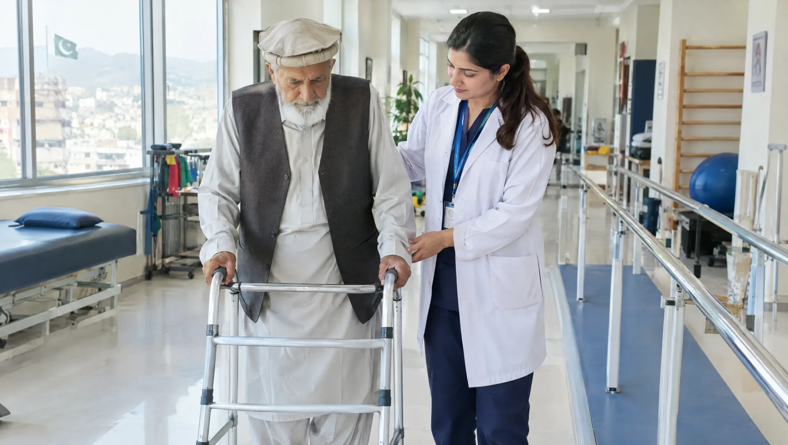 Elderly patient walking with a walker in a rehabilitation clinic during physiotherapy after hip replacement surgery week one