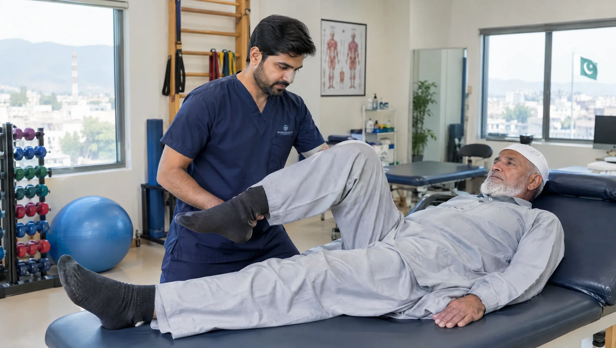 Physiotherapist guiding a patient through leg strengthening exercises on a treatment table in weeks three to four of hip replacement recovery