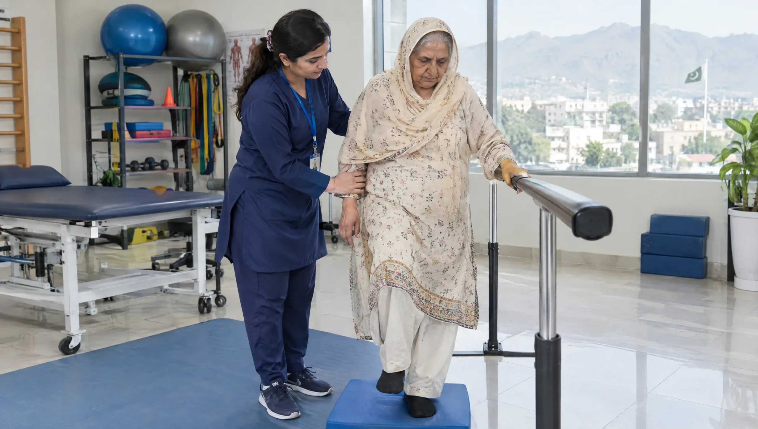 Elderly woman practicing balance exercises with support from a physiotherapist during weeks five to eight of hip replacement recovery