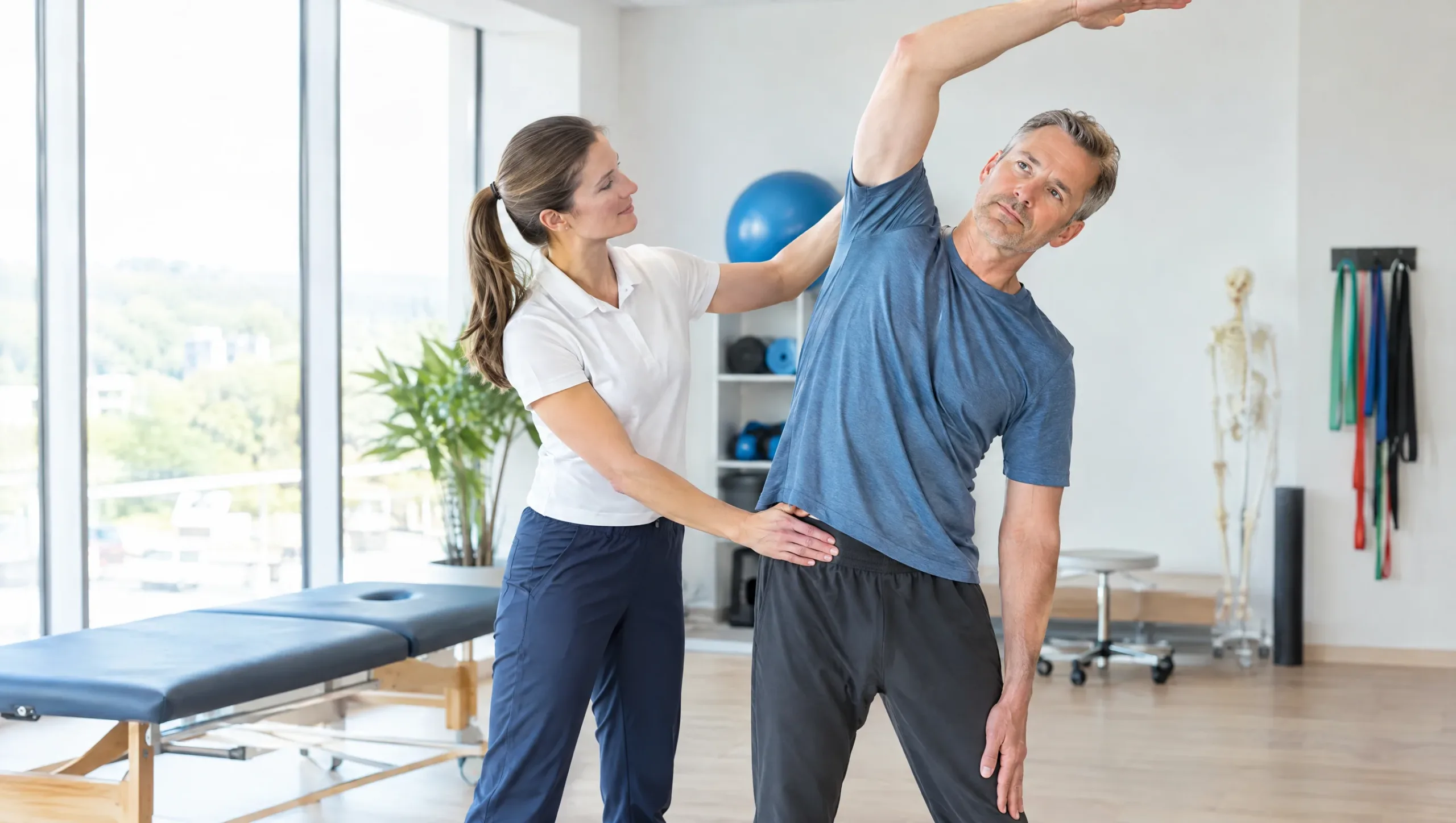 Physiotherapist demonstrating a home exercise stretch to patient