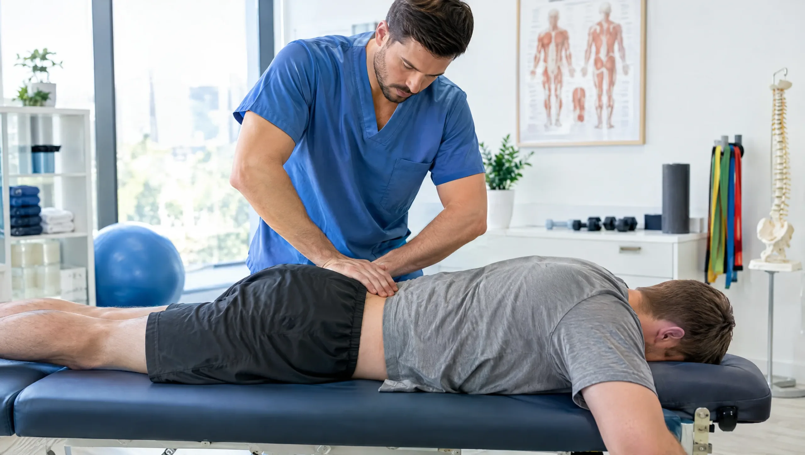 Physiotherapist performing manual therapy on a patient's lower back