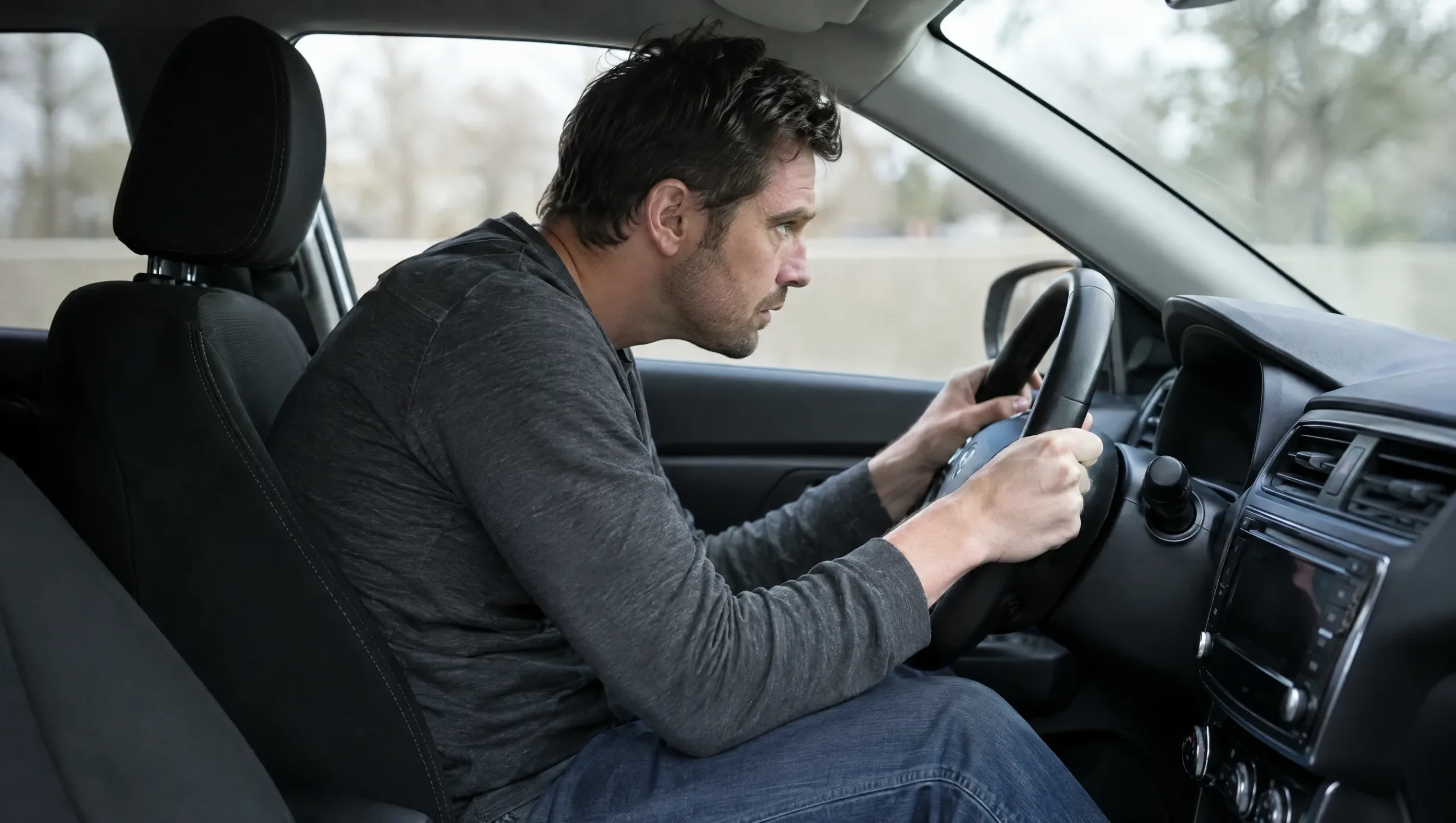 Man sitting with poor slouched driving posture in a parked car