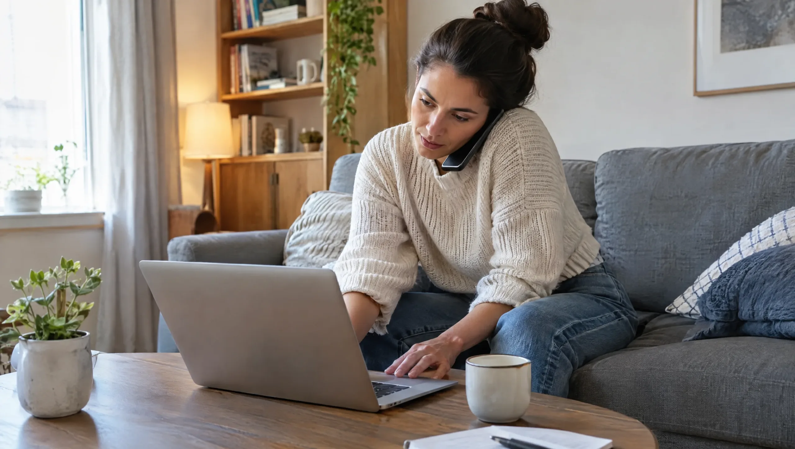 Common posture mistake: slouching on a laptop with phone cradled on shoulder