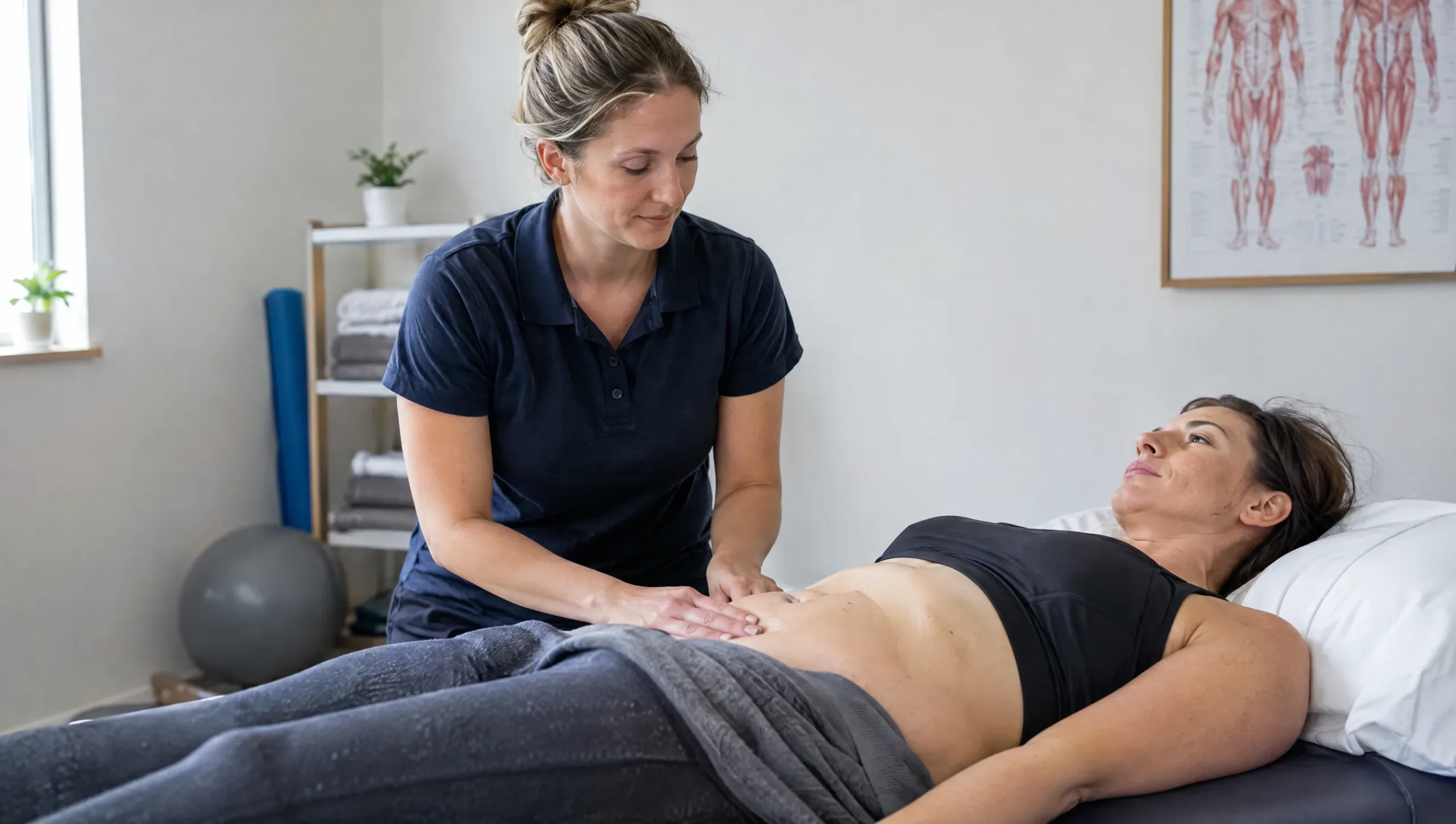 Physiotherapist assessing postpartum core after C-section