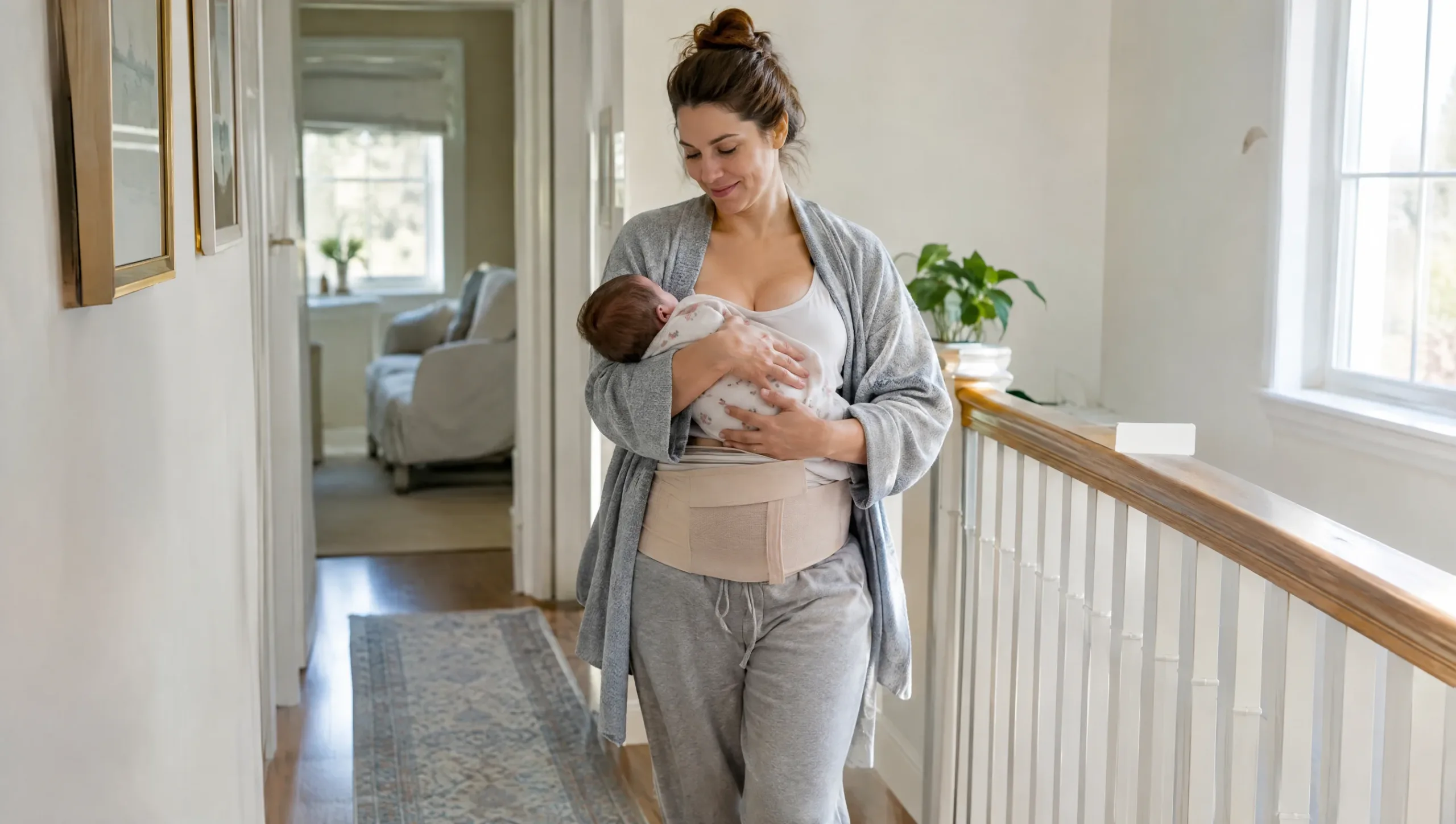 New mother walking during C-section recovery timeline