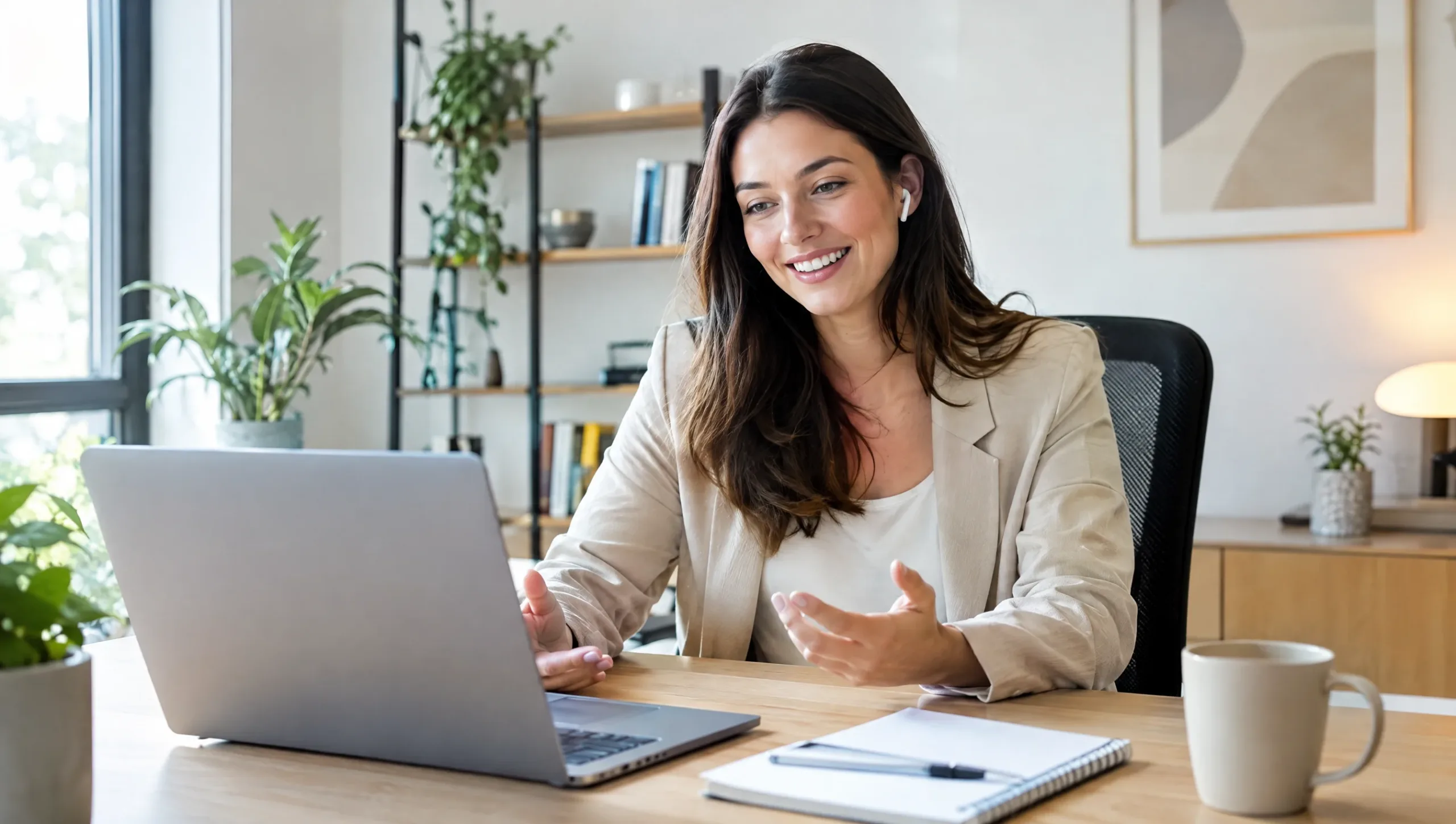 Professional on a video call at a well-set-up ergonomic desk