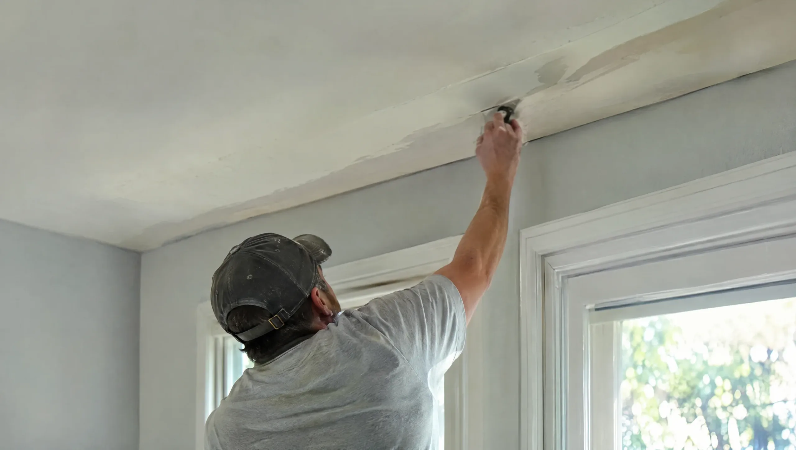 Tradesperson reaching overhead repeatedly, a common cause of rotator cuff tear