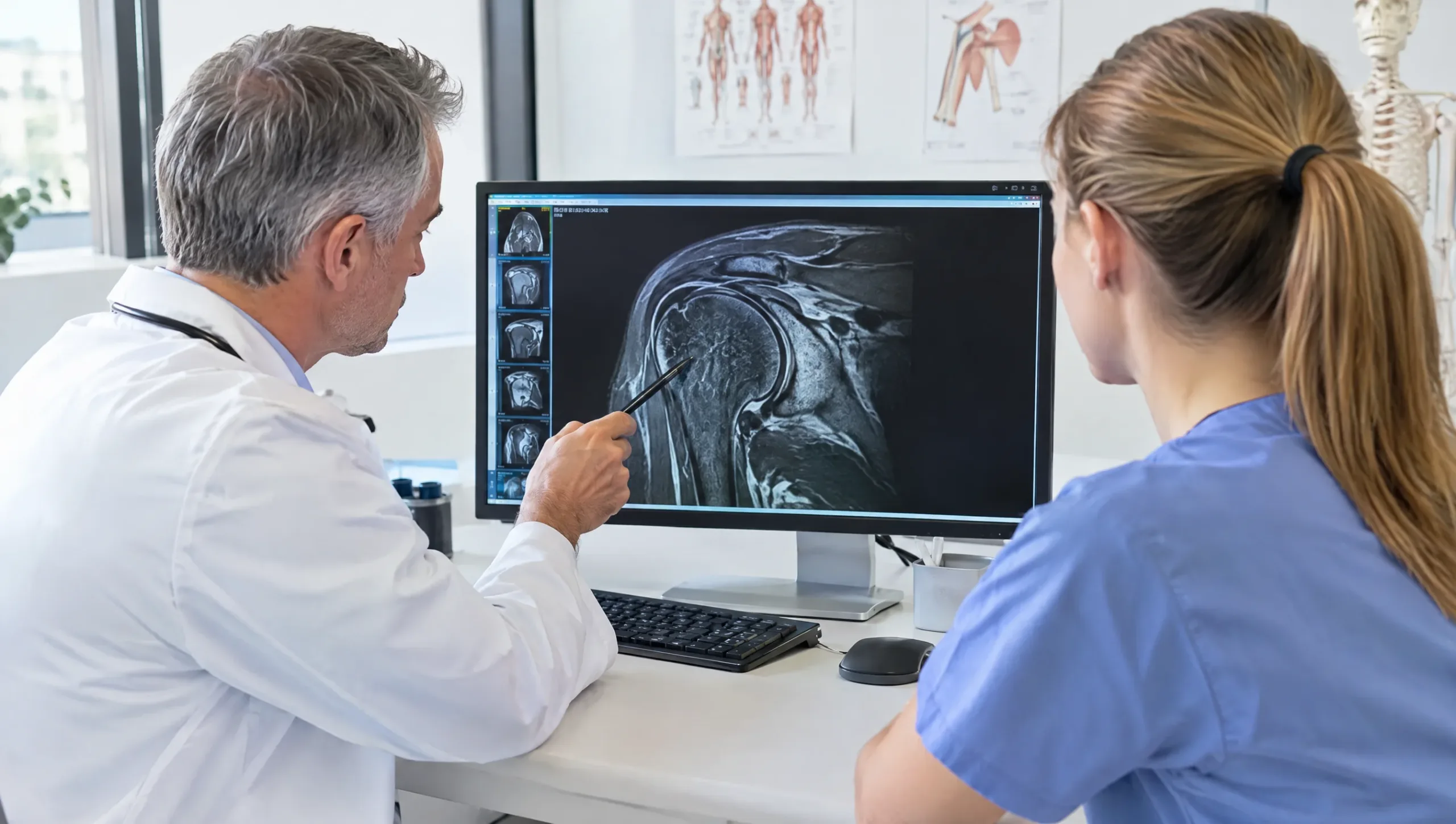 Doctor and physiotherapist reviewing a shoulder MRI scan to diagnose a rotator cuff tear