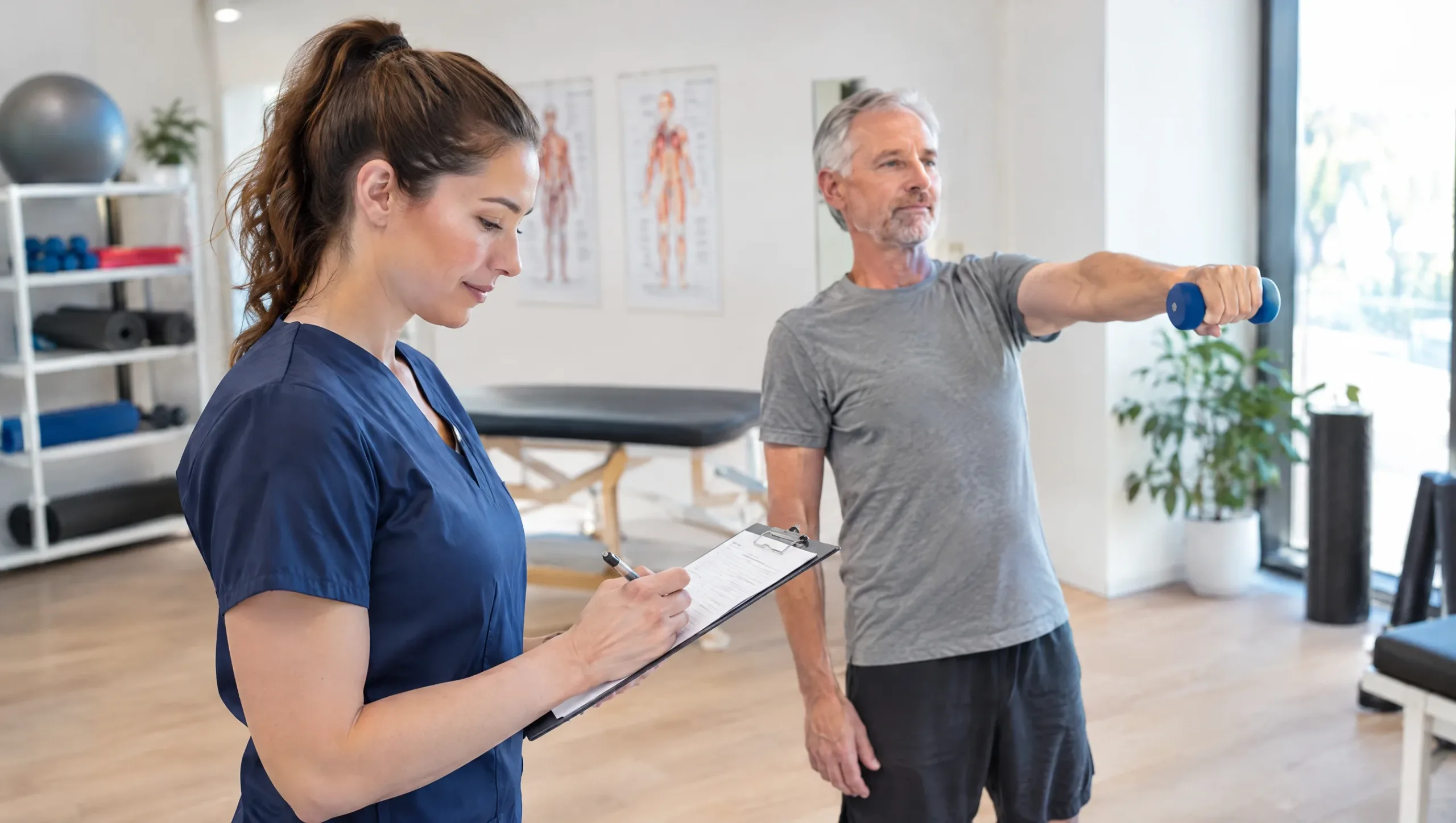Physiotherapist reviewing a rotator cuff tear physiotherapy treatment plan with a patient